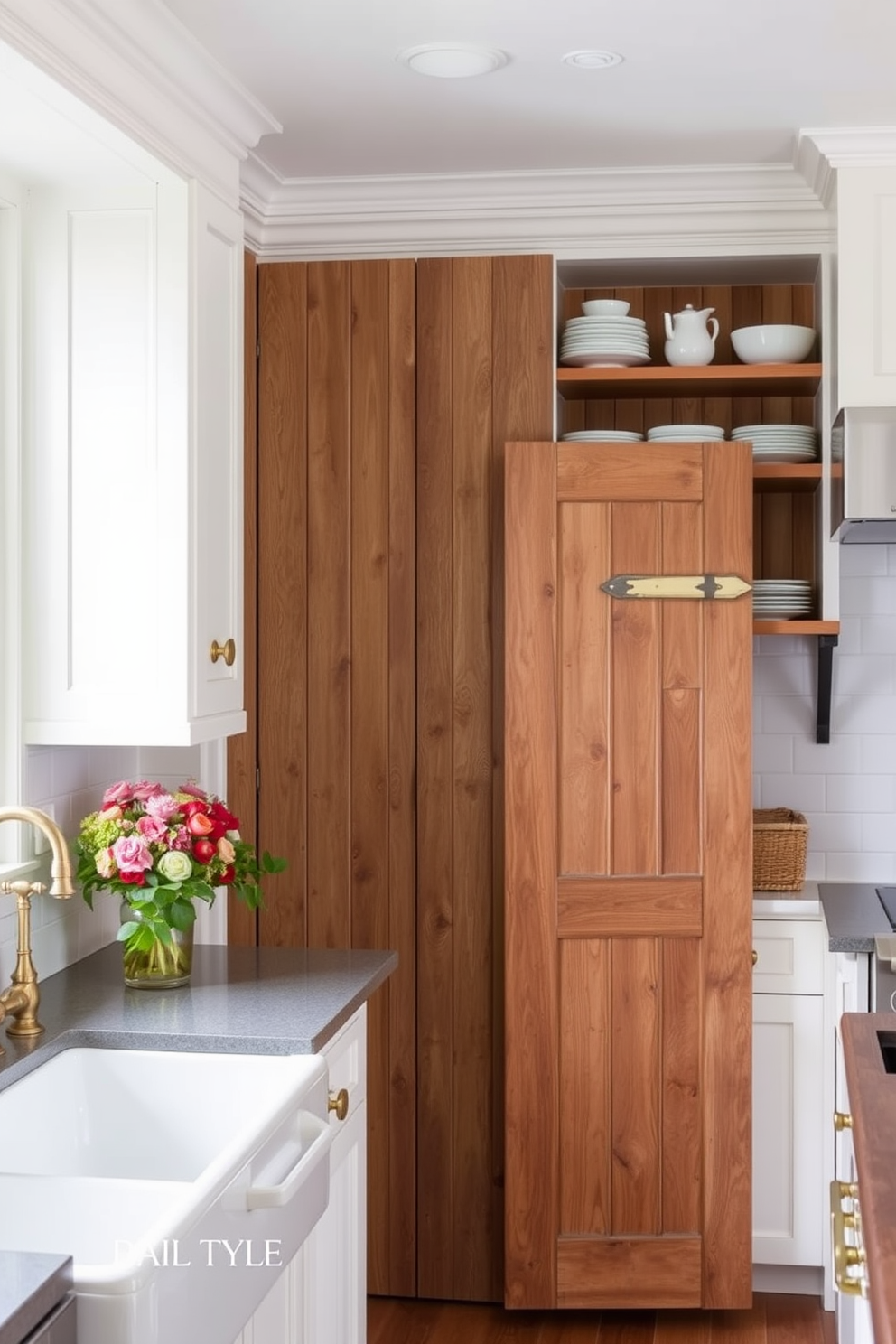 A rustic pantry door made of reclaimed wood adds a touch of charm to the country kitchen. The kitchen features open shelving with ceramic dishware, a farmhouse sink, and vintage-style brass fixtures.