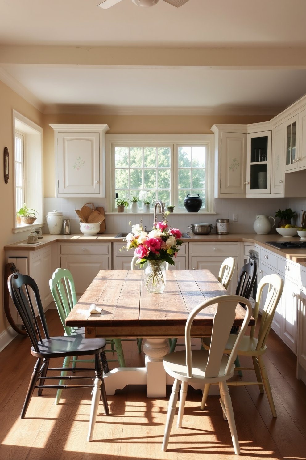 A cozy country kitchen filled with natural light. The walls are painted in soft beige, complemented by white cabinetry adorned with delicate floral patterns. A rustic wooden dining table sits at the center, surrounded by mismatched chairs in pastel shades. Fresh flowers in a vintage vase add a charming touch to the table, enhancing the inviting atmosphere.