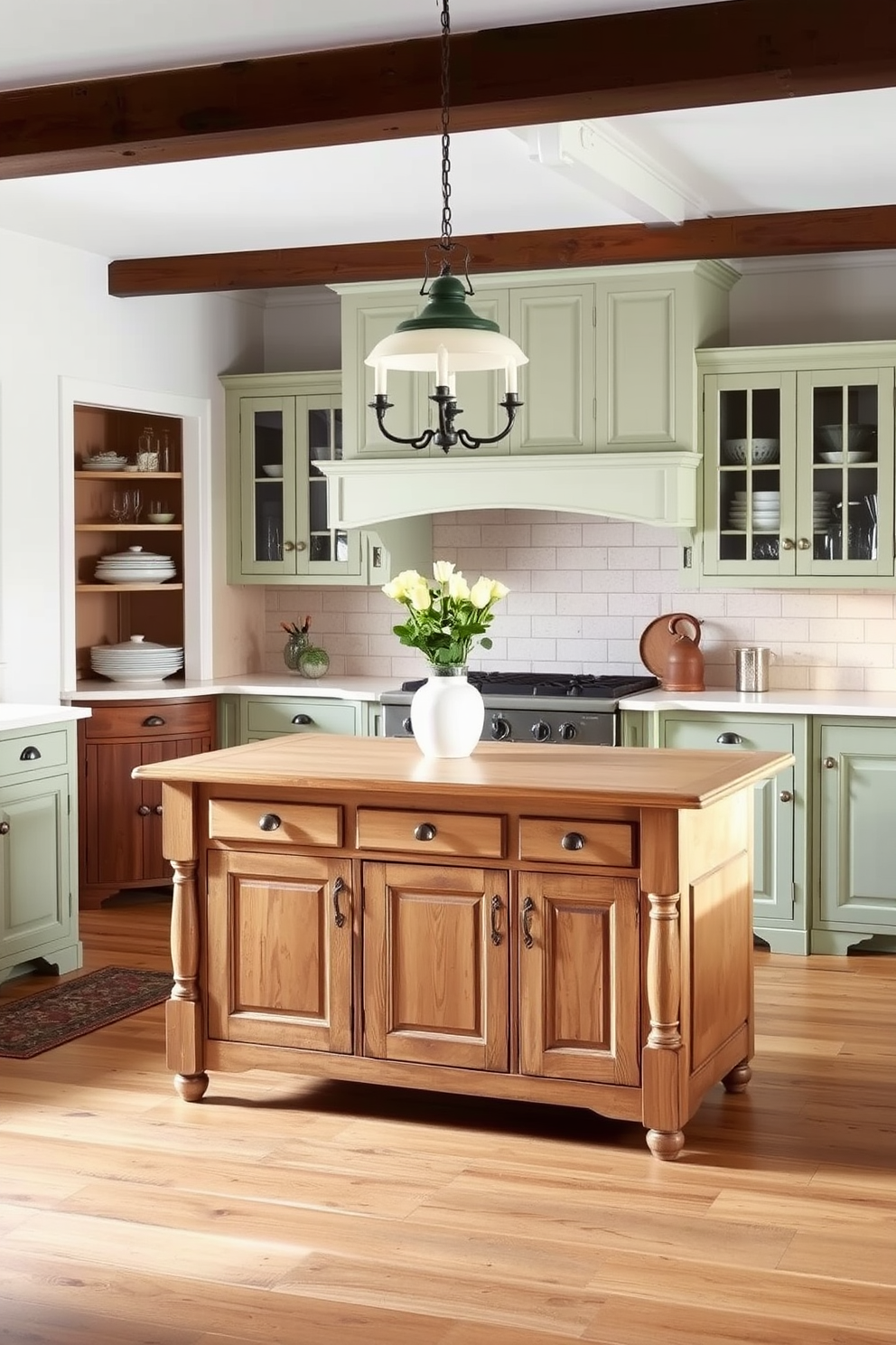 A charming country kitchen featuring an antique wooden furniture piece as the centerpiece island. Surrounding the island are rustic cabinets painted in soft pastel colors, complemented by vintage-style hardware.