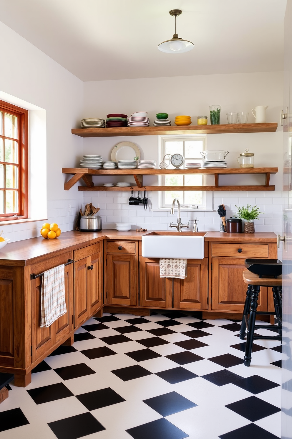 A charming country kitchen with checkerboard flooring that exudes classic appeal. The space features rustic wooden cabinetry paired with a farmhouse sink and open shelving displaying colorful dishware.