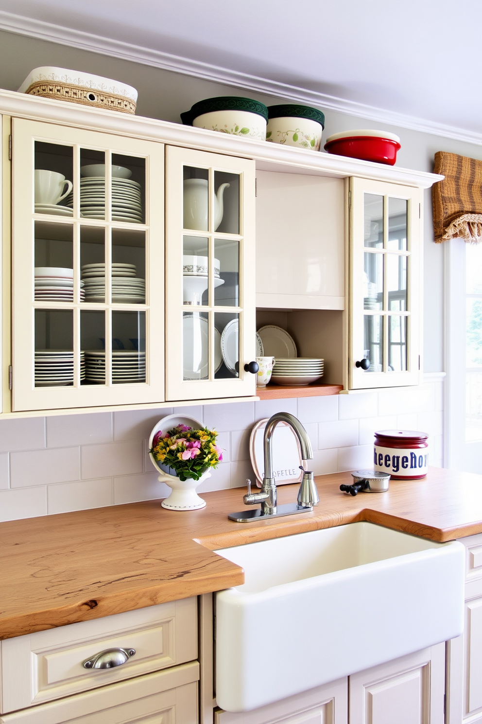 A large farmhouse table made of reclaimed wood sits at the center of a spacious country kitchen. Surrounding the table are mismatched chairs in soft pastel colors, creating a warm and inviting atmosphere. The kitchen features open shelving displaying rustic dishware and mason jars filled with ingredients. A large farmhouse sink with a vintage faucet is positioned under a window, allowing natural light to flood the space.