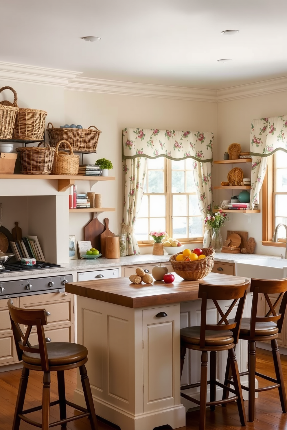 A charming country kitchen with vintage-inspired light fixtures hanging from the ceiling. The space features rustic wooden cabinets, a farmhouse sink, and a large central island topped with butcher block.