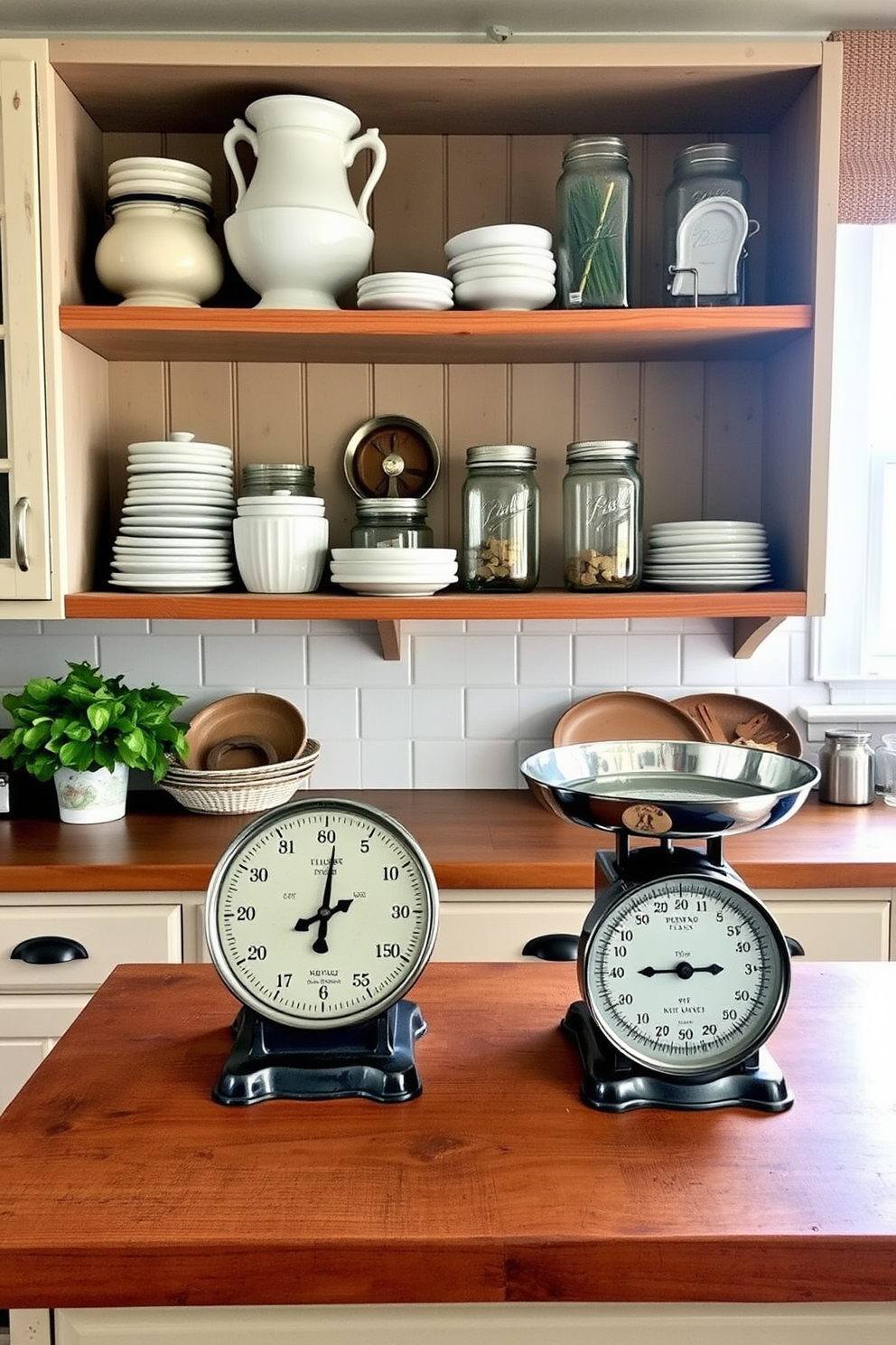 A charming country kitchen featuring vintage kitchen scales as a decorative piece. The scales sit atop a rustic wooden countertop surrounded by open shelving showcasing ceramic dishware and mason jars.