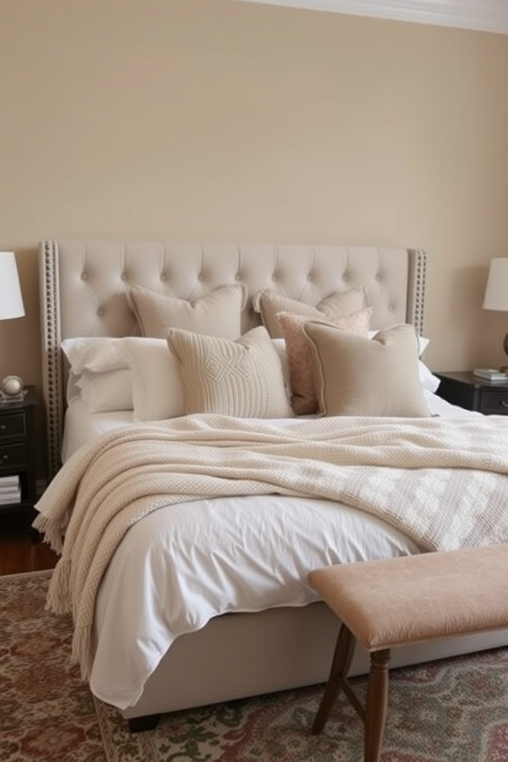 Layer soft blankets and throws for warmth. A plush bed with a tufted headboard is adorned with an array of textured pillows in neutral tones. Incorporate a warm color palette with soft lighting to create an inviting atmosphere. A stylish area rug anchors the space, adding both comfort and visual interest.