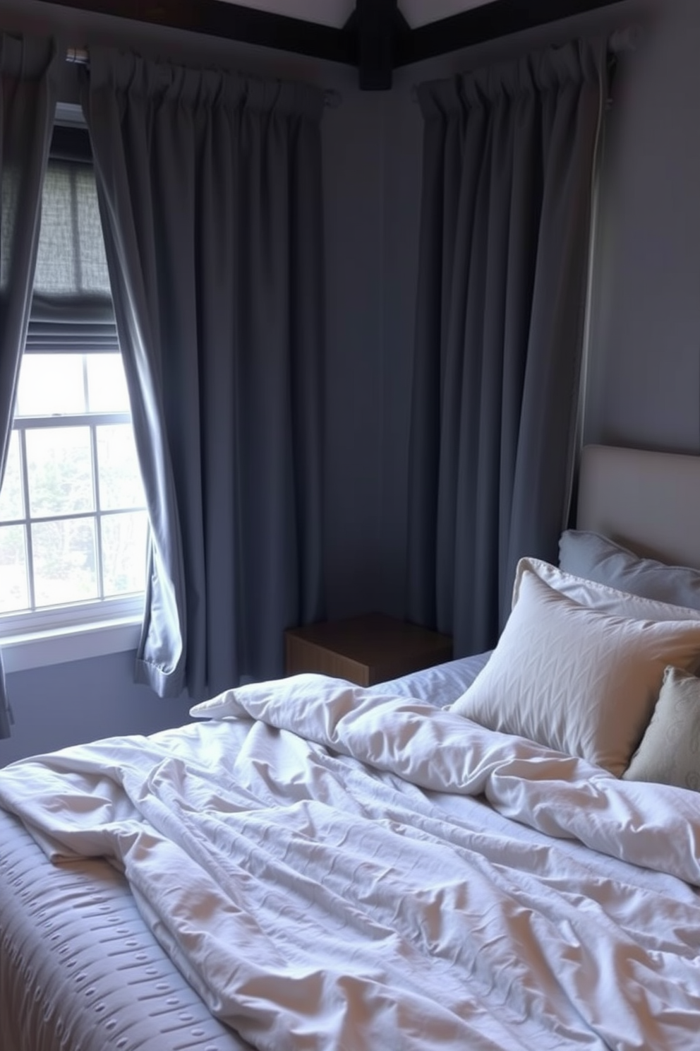 A cozy bedroom designed for restful sleep features plush blackout curtains that envelop the windows, blocking out any unwanted light. The bed is adorned with soft, layered bedding in calming colors, creating an inviting atmosphere for relaxation.