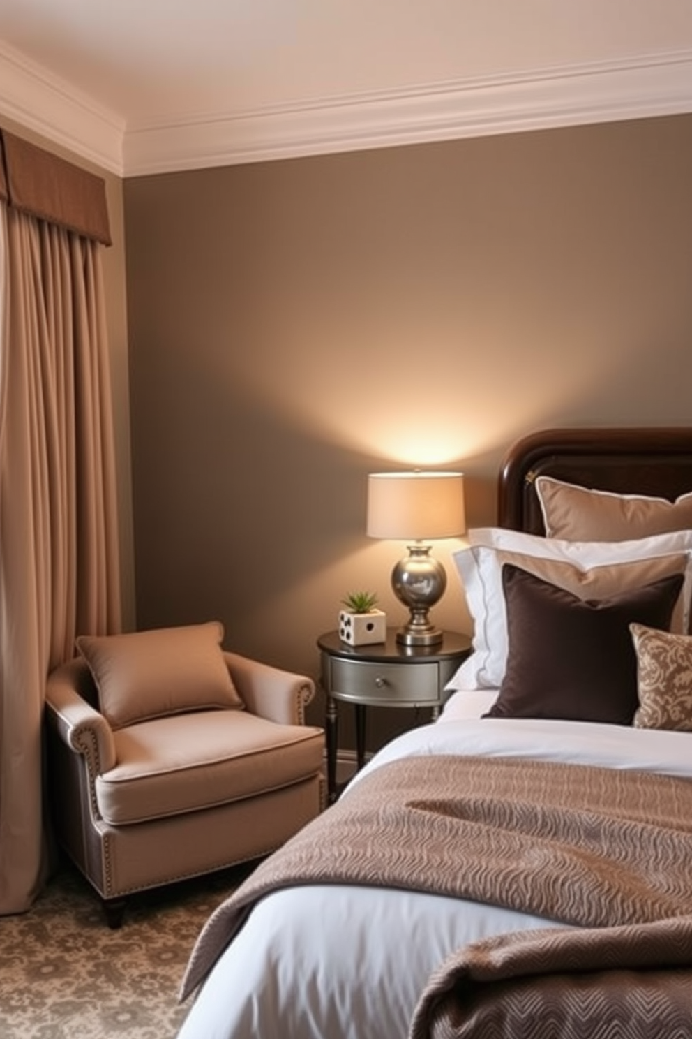 A cozy bedroom design featuring a plush armchair in the corner, upholstered in soft fabric with a warm color palette. The bed is adorned with layered bedding and decorative pillows, creating an inviting atmosphere with a bedside table holding a stylish lamp.