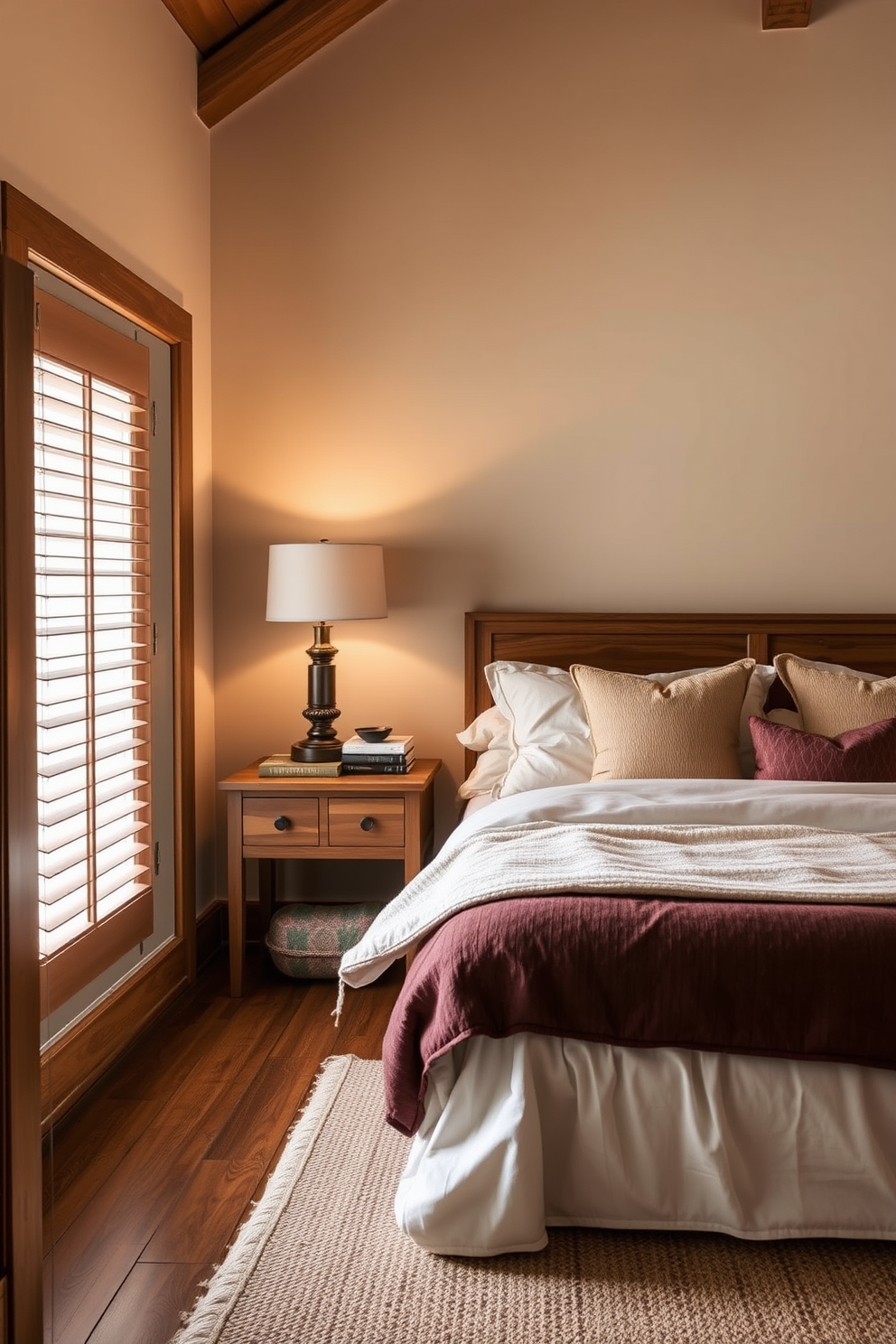 A cozy bedroom design featuring warm wood tones throughout the space. The bed is adorned with soft linens and plush pillows, creating an inviting atmosphere. A wooden nightstand sits beside the bed, topped with a stylish lamp and a stack of books. The walls are painted in a soft beige, complemented by a warm area rug that adds comfort underfoot.