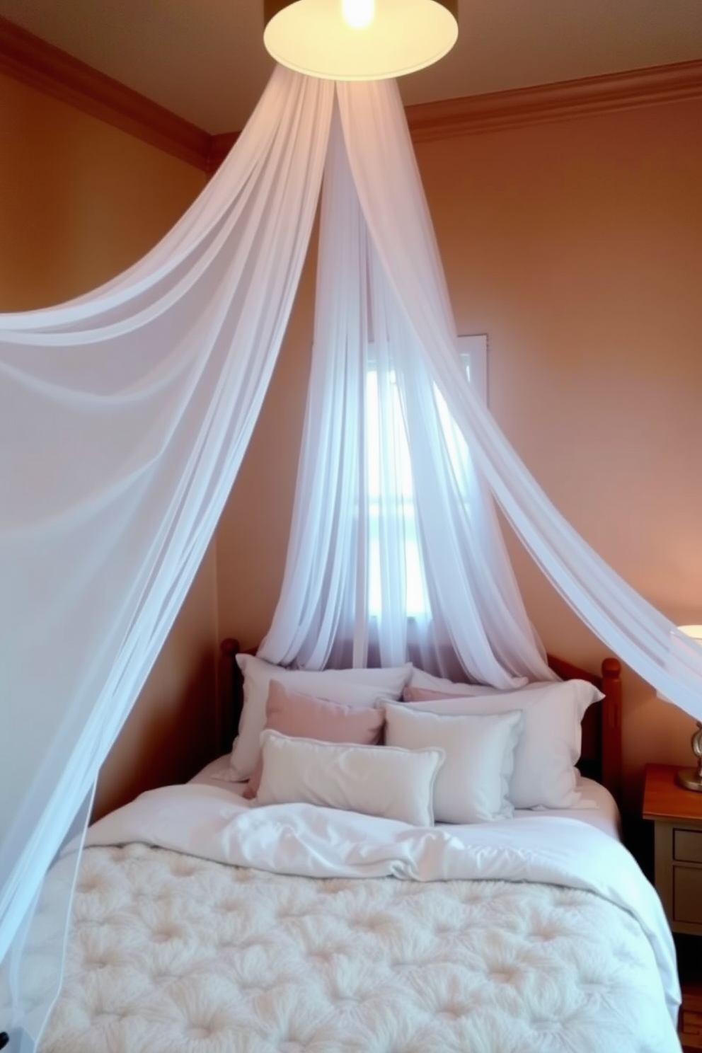 A cozy bedroom design featuring soft neutral tones and plush textures. The focal point is a large bed with a tufted headboard, flanked by elegant bedside tables with stylish lamps. Mirrors strategically placed on the walls reflect natural light, creating an airy atmosphere. A comfortable reading nook with a cozy chair and a small bookshelf adds warmth and charm to the space.