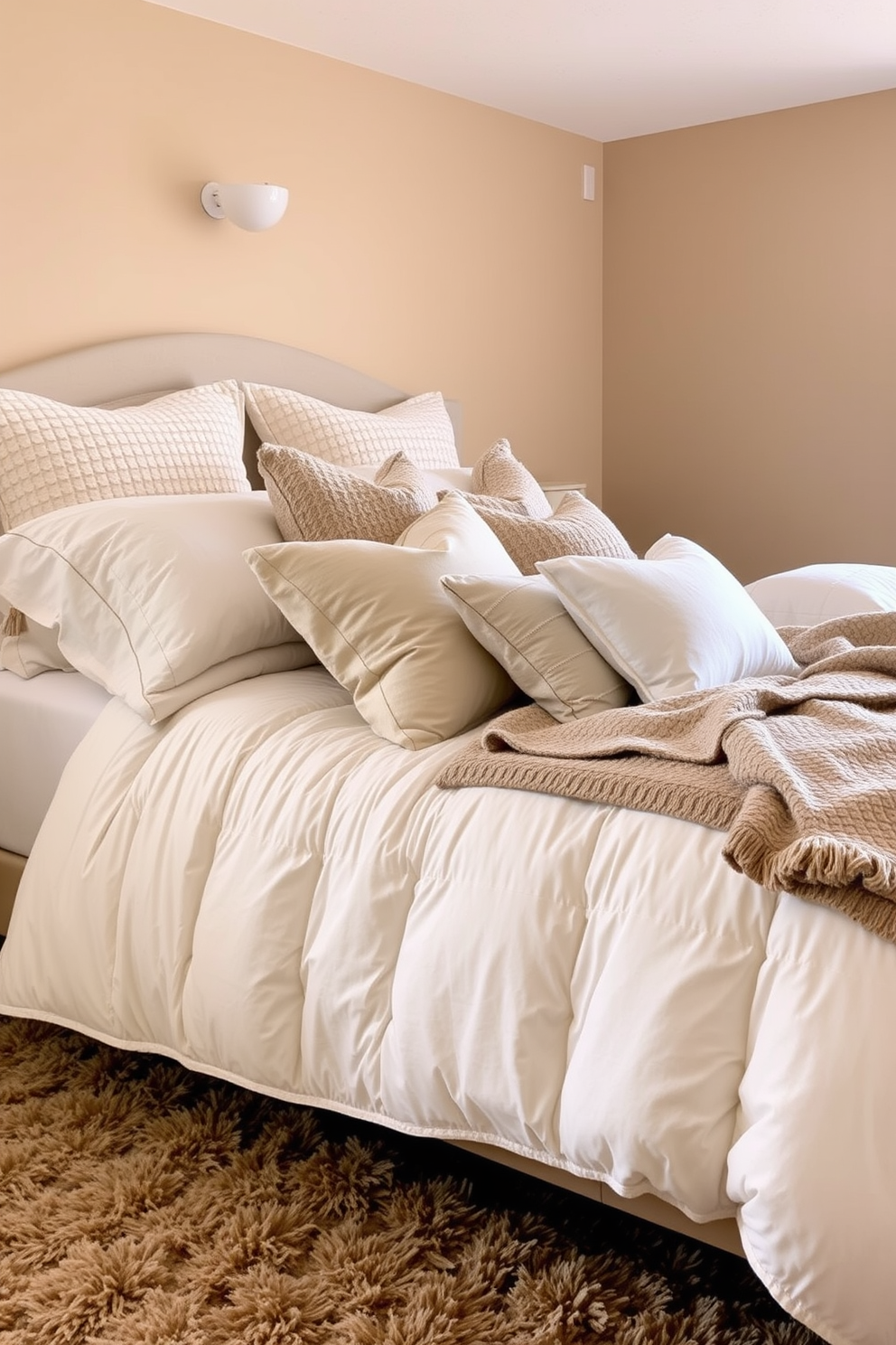 A cozy bedroom setting featuring layered bedding with a plush comforter and an array of decorative pillows in soft, neutral tones. The walls are painted a warm beige, and a plush area rug lies beneath the bed, adding texture and warmth to the space.