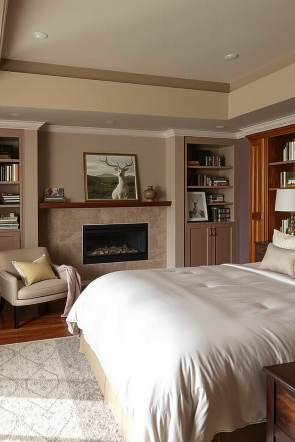 A cozy bedroom design featuring a plush king-sized bed dressed in soft, neutral linens. A stylish fireplace is positioned against one wall, surrounded by built-in shelves filled with books and decorative items. The walls are painted in a warm taupe color, complemented by rich wooden accents throughout the space. A comfortable armchair is placed near the fireplace, inviting relaxation with a soft throw blanket draped over it.