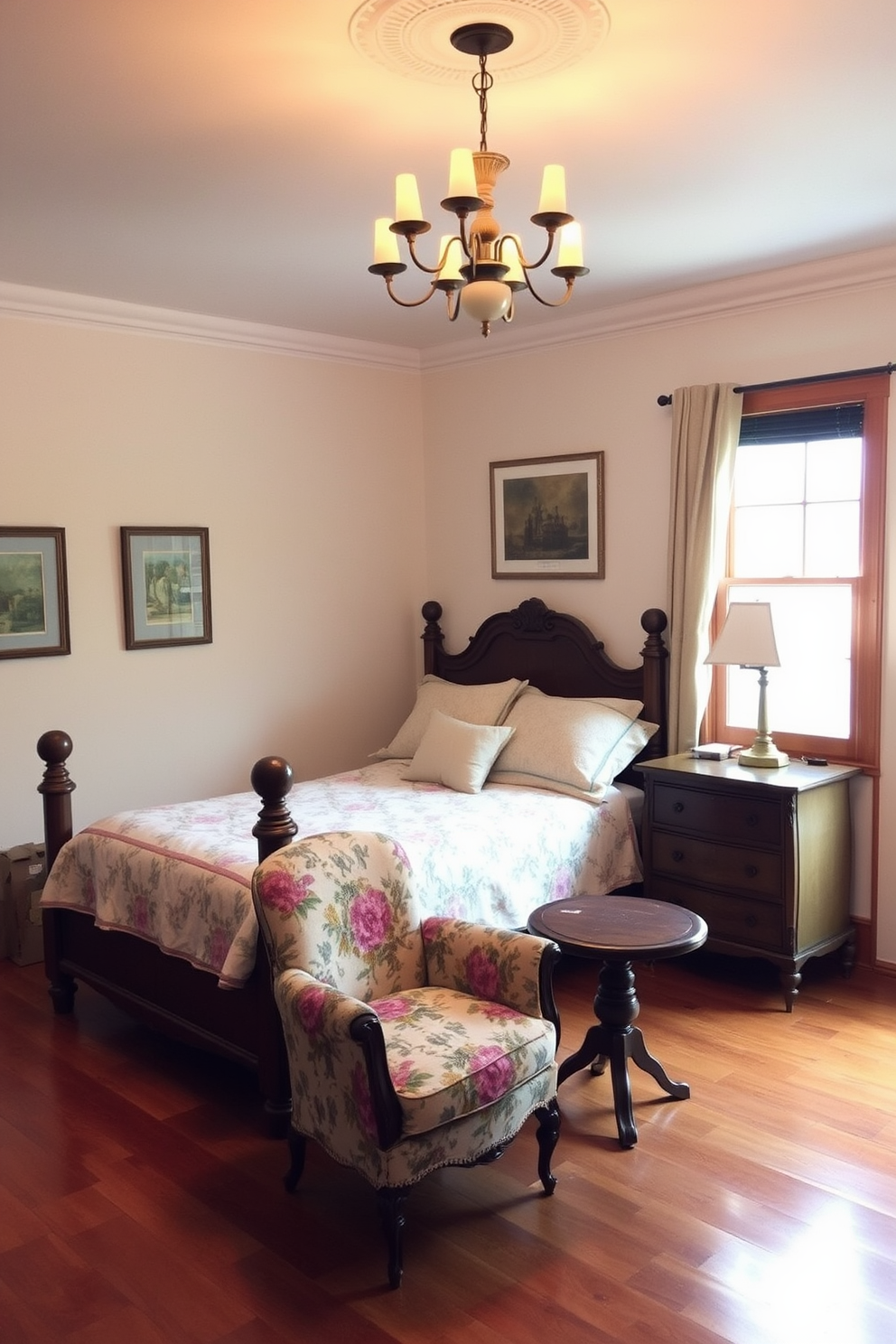 A cozy bedroom featuring vintage furniture that adds character and charm. The room includes an antique wooden bed frame with a plush, patterned quilt and a pair of mismatched nightstands on either side. A vintage armchair with a floral upholstery sits in the corner, complemented by a small, round wooden table. Soft, ambient lighting from a classic chandelier casts a warm glow, enhancing the inviting atmosphere.