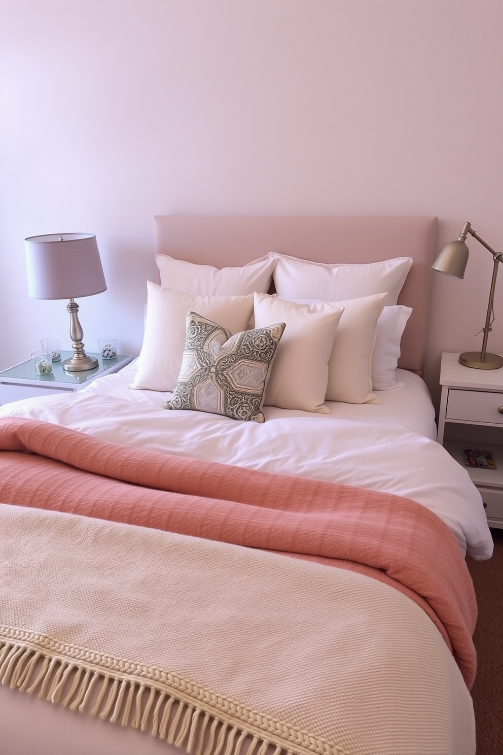 A cozy bedroom featuring a plush bed adorned with soft linens and an array of decorative pillows. At the foot of the bed, a soft throw blanket adds warmth and texture, inviting relaxation. The walls are painted in a soothing pastel hue, creating a serene atmosphere. A stylish nightstand with a modern lamp sits beside the bed, completing the inviting space.