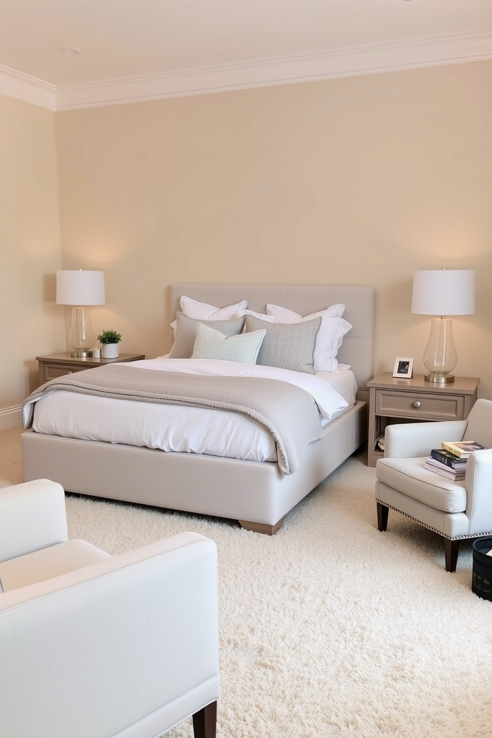 A cozy bedroom featuring a plush bed adorned with soft throw blankets in warm neutral tones. The walls are painted in a calming pastel shade, and a large window allows natural light to fill the space.