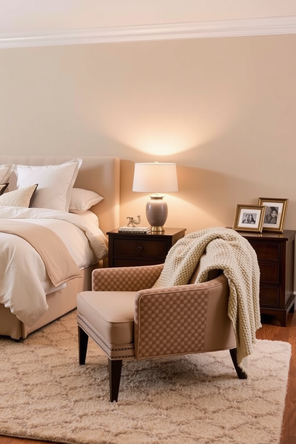 A cozy bedroom featuring a plush king-sized bed dressed in soft, neutral linens. Beside the bed, a stylish bedside table holds a small stack of books and a decorative lamp, along with a framed photo of loved ones. The walls are painted in a warm, inviting beige, complemented by a soft area rug underfoot. A comfortable armchair sits in the corner, adorned with a knitted throw blanket, creating a perfect reading nook.