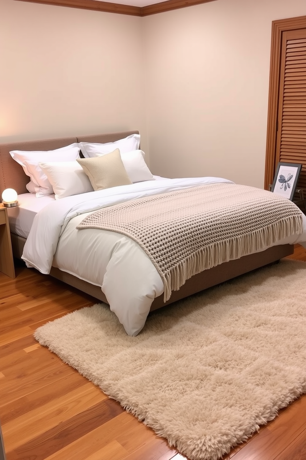 A cozy bedroom design featuring soft beige walls and warm wooden accents. The bed is dressed in plush white linens with a knitted throw blanket in a muted pastel color, complemented by a pair of decorative pillows. A stylish nightstand holds a small lamp with a soft glow, and a framed picture sits beside it. A plush area rug in neutral tones covers the hardwood floor, adding warmth and comfort to the space.