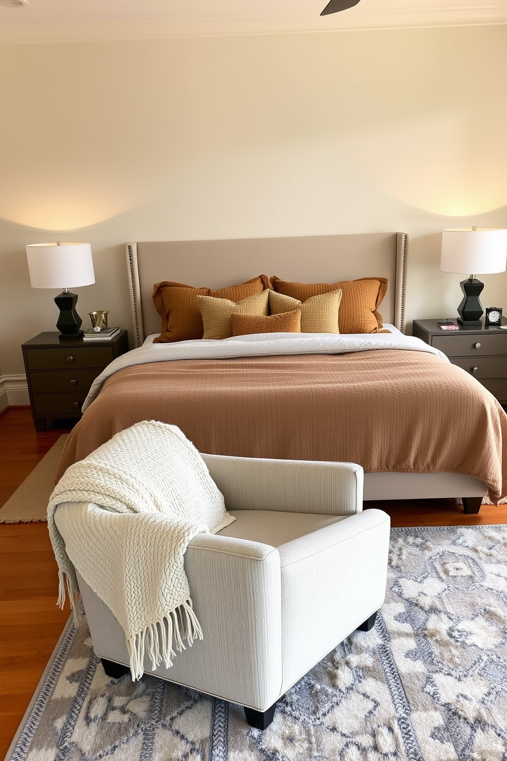 A cozy bedroom setting featuring a plush king-sized bed adorned with soft, textured bedding in warm earth tones. Flanking the bed are two stylish nightstands, each topped with elegant lamps that emit a soft glow. In one corner, a comfortable armchair invites relaxation, draped with a knitted throw blanket. The walls are painted in a gentle cream hue, and a large area rug adds warmth to the hardwood floor.