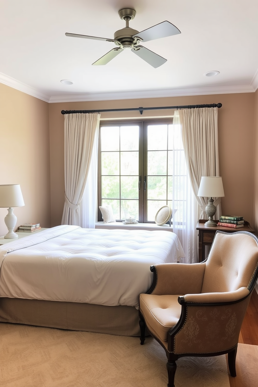 A cozy bedroom features a plush king-sized mattress dressed in soft, neutral bedding. The walls are painted in a warm beige tone, complemented by a pair of bedside tables topped with elegant lamps. A comfortable reading nook is created by a large window adorned with sheer curtains, allowing natural light to filter in. A soft area rug lies beneath a vintage armchair, inviting relaxation and tranquility.