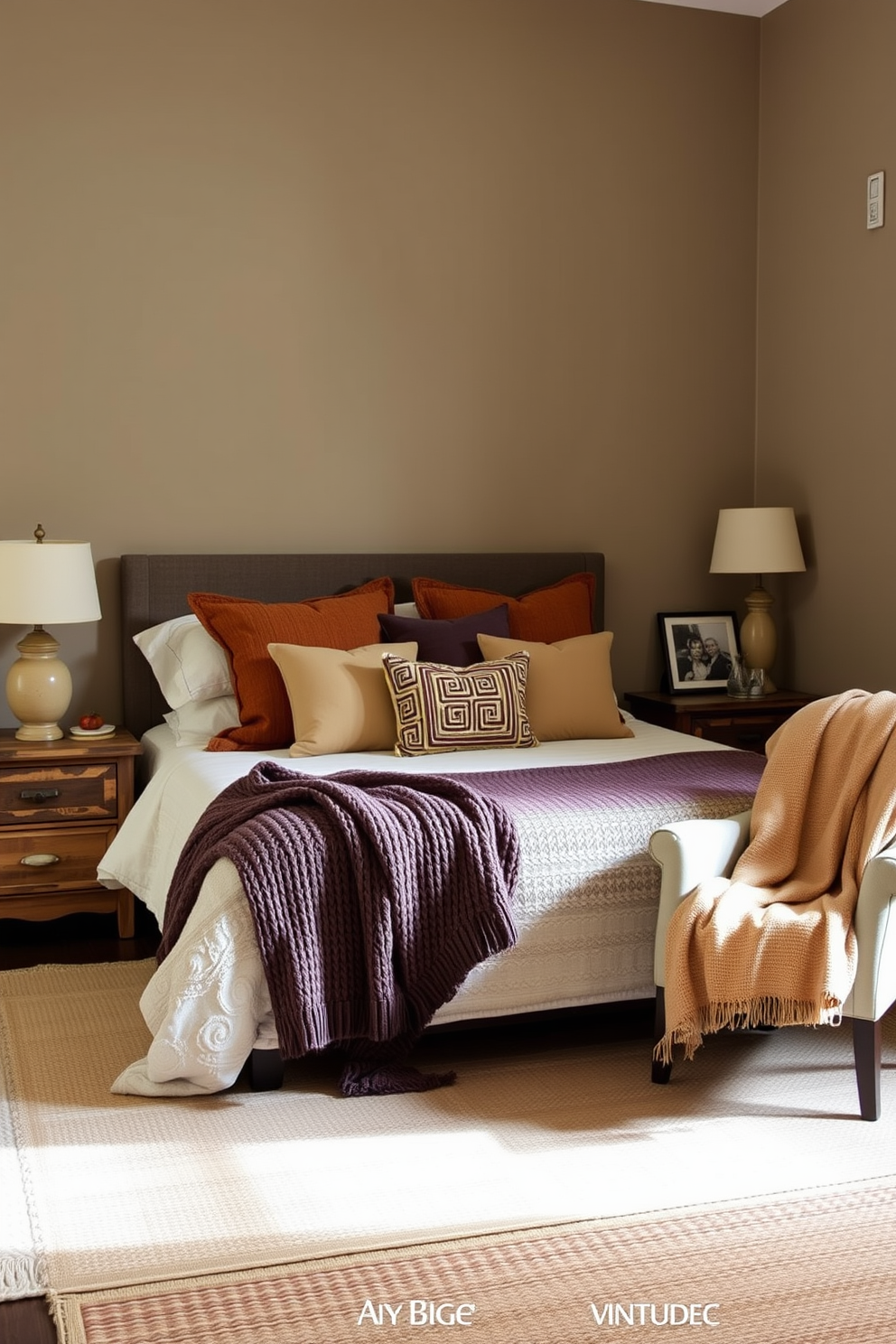 A cozy bedroom features a plush king-sized bed adorned with a soft, knitted throw blanket and an array of decorative pillows in warm, earthy tones. Beside the bed, a pair of rustic nightstands hold unique handmade decor items, such as a ceramic lamp and a framed photo of cherished memories. The walls are painted in a soothing taupe color, creating a serene atmosphere that invites relaxation. A vintage armchair in the corner, draped with a cozy blanket, provides a perfect reading nook, while a woven area rug adds warmth underfoot.