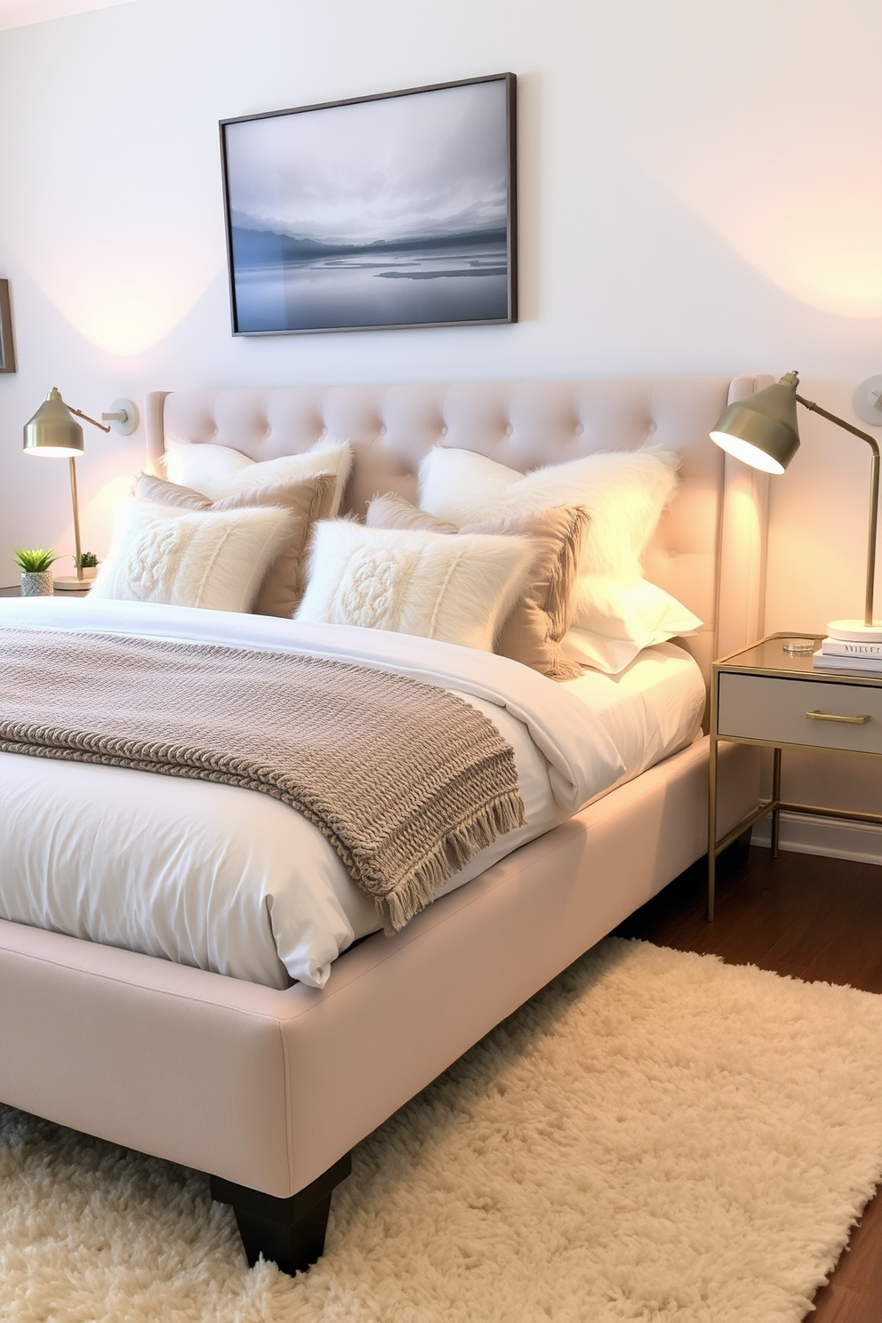 A cozy bedroom design featuring a plush upholstered bed frame in a soft neutral tone. The bedding is layered with fluffy pillows and a textured throw, creating an inviting and warm atmosphere. A stylish nightstand on either side of the bed holds modern lamps with warm lighting. The walls are adorned with calming artwork, and a plush area rug adds comfort underfoot.