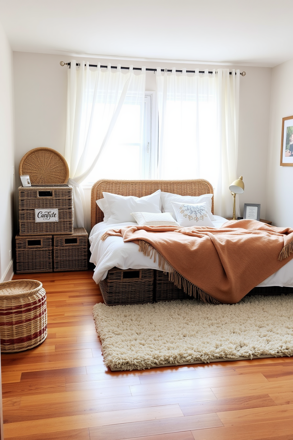 A cozy bedroom with woven baskets for stylish storage. The walls are painted in soft pastel tones, and a plush area rug covers the hardwood floor. A comfortable bed with fluffy pillows and a warm throw blanket is the focal point. Natural light streams in through sheer curtains, creating an inviting atmosphere.