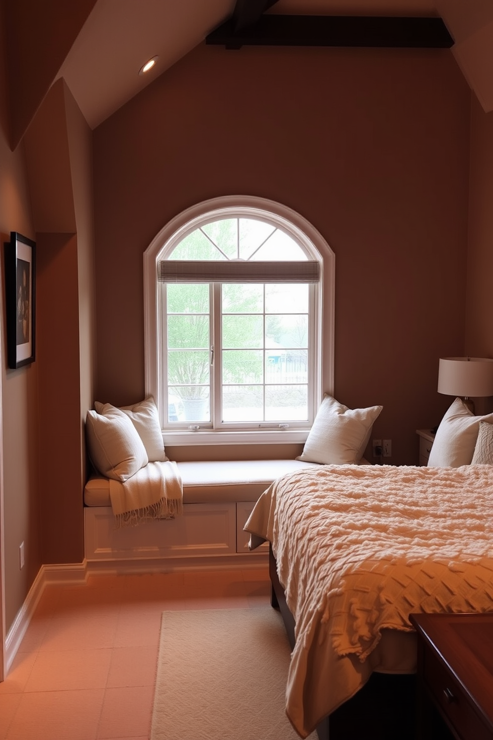 A cozy bedroom filled with rustic decor elements. The walls are adorned with reclaimed wood panels, and a large, inviting bed with a tufted headboard takes center stage. On either side of the bed, mismatched wooden nightstands hold vintage lamps with warm light bulbs. A woven area rug covers the hardwood floor, and a collection of soft, textured pillows adds comfort to the space.