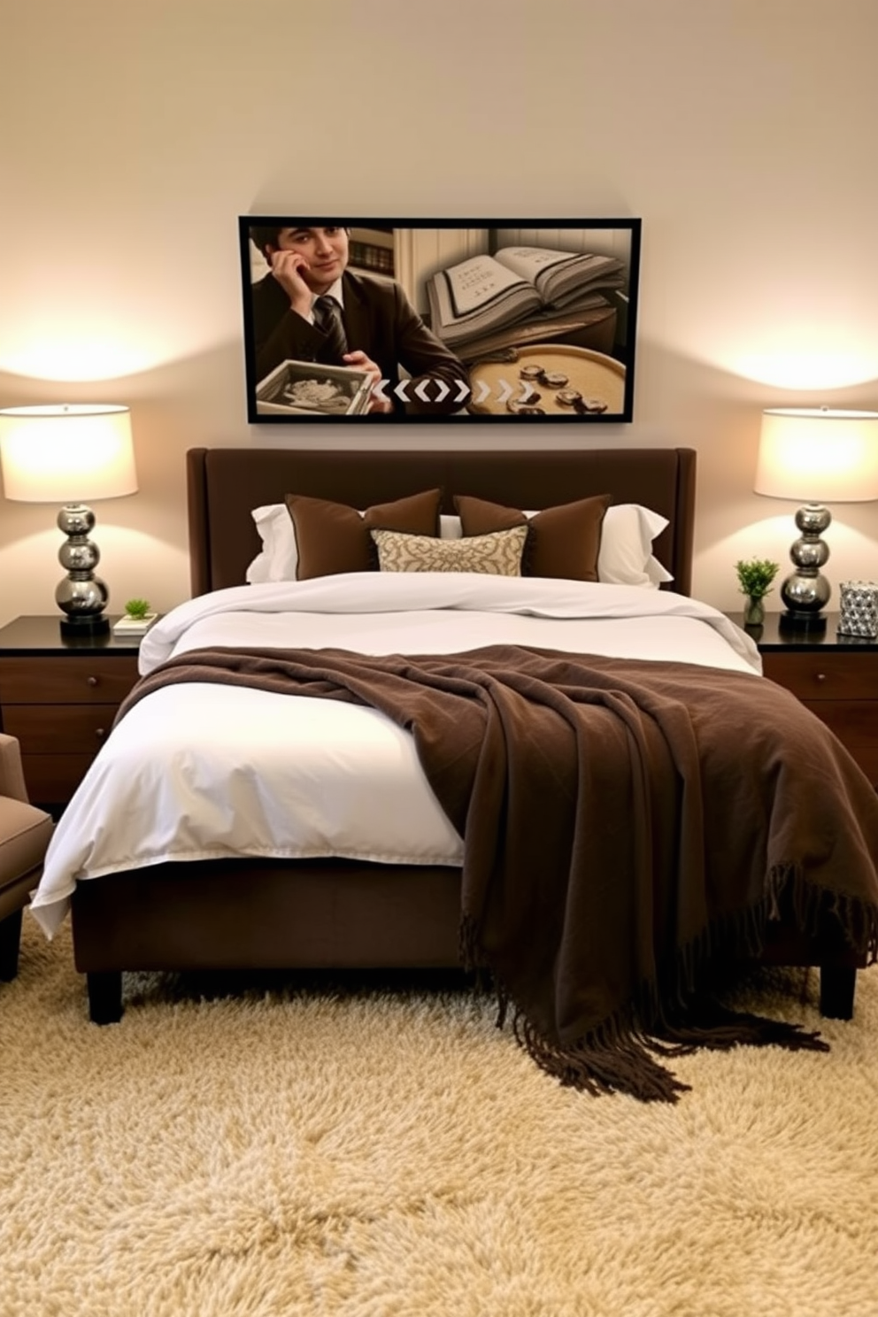 A cozy bedroom featuring a warm color palette with earth tones. The walls are painted in a soft terracotta hue, complemented by rich wooden furniture and plush textiles. A king-sized bed is dressed in a layered bedding arrangement with shades of beige and rust. Accent pillows in various textures add depth, while a woven area rug anchors the space.