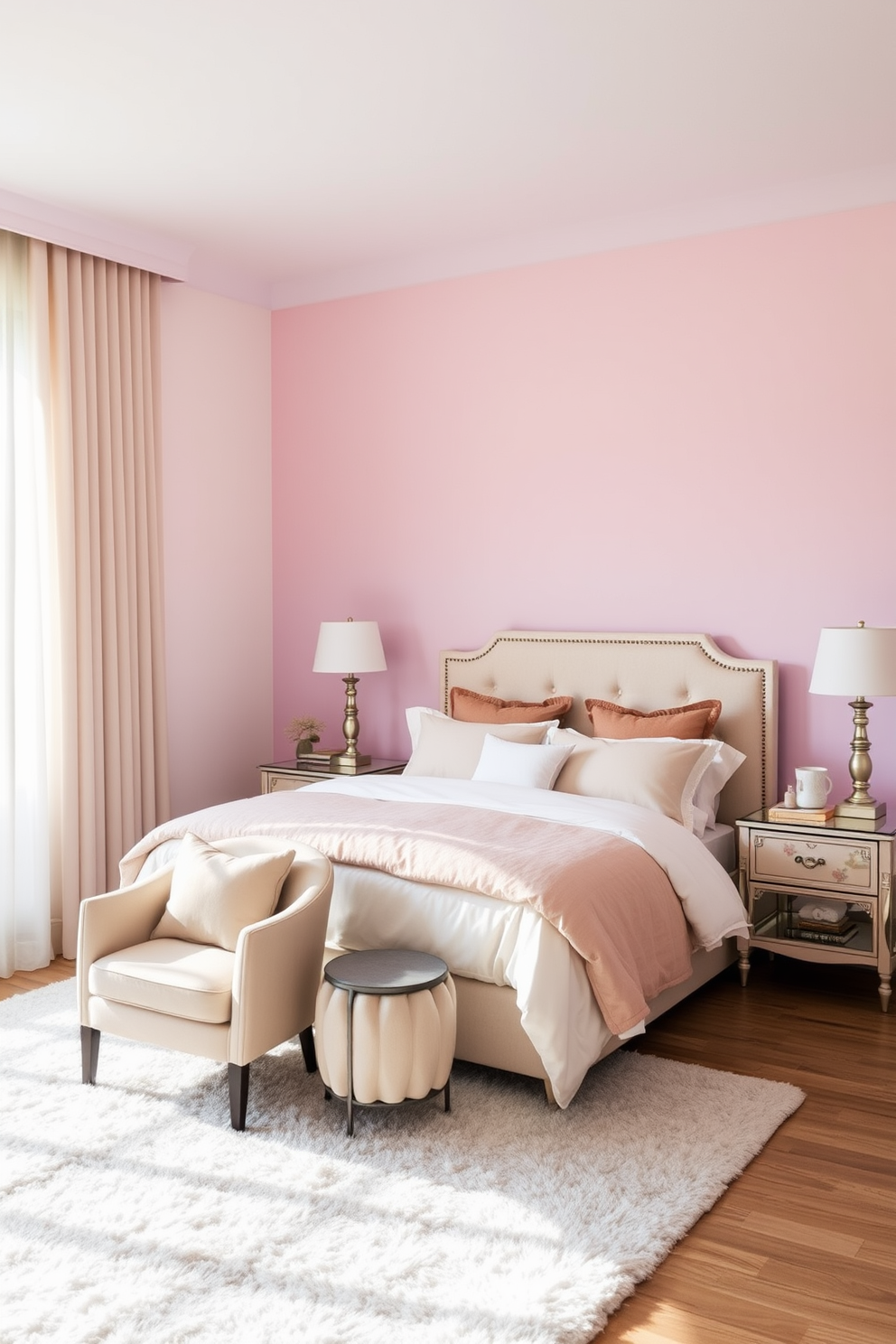 A cozy bedroom featuring a soft color gradient on the walls transitioning from light lavender to soft pink. The room includes a plush king-sized bed dressed in layered bedding with varying shades of white and blush, complemented by two bedside tables with elegant lamps. A comfortable reading nook is created with a stylish armchair in a muted pastel hue and a small side table. The floor is adorned with a fluffy area rug that adds warmth, while sheer curtains gently filter the natural light coming through the window.