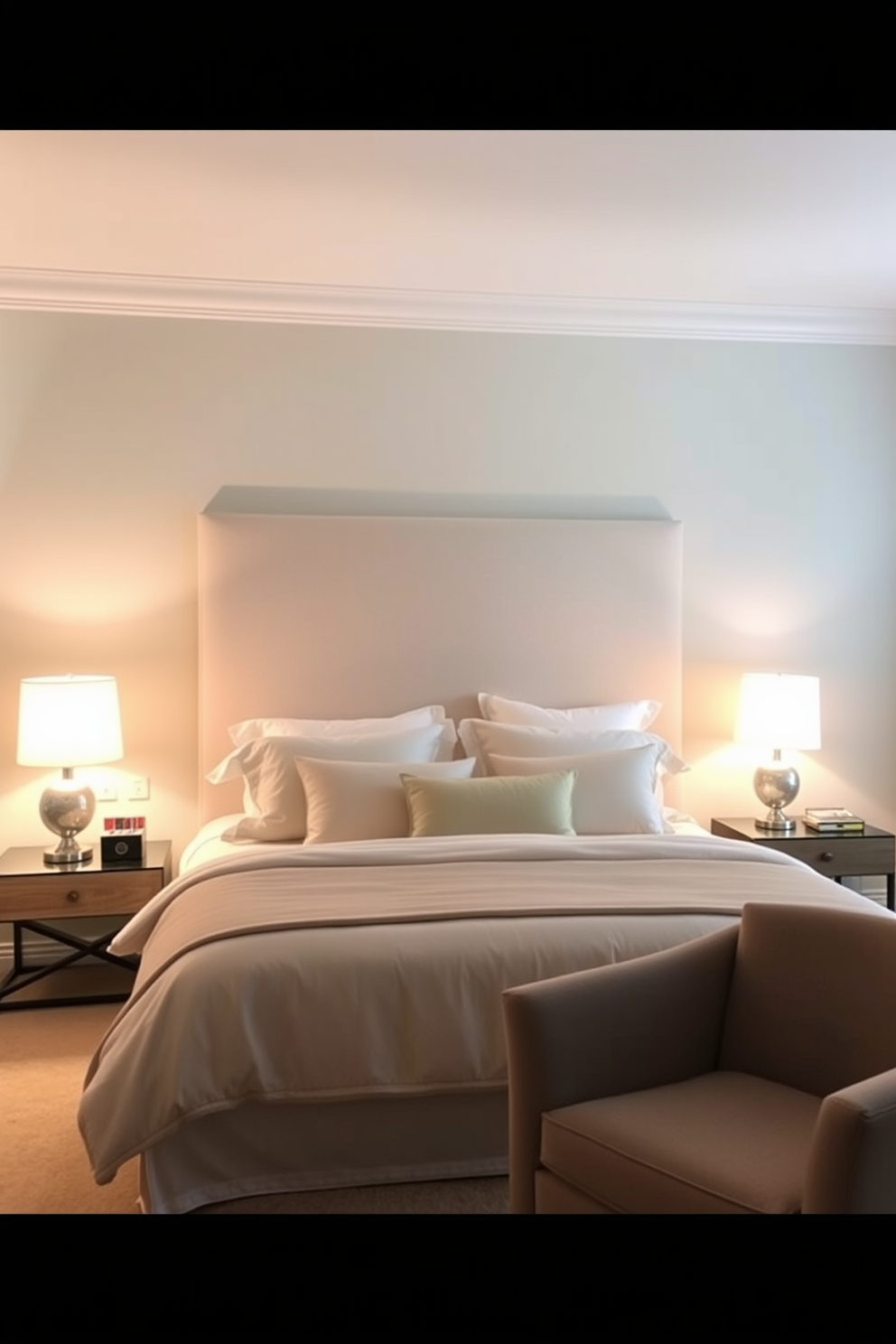 A cozy bedroom design featuring a plush king-sized bed dressed in soft, neutral linens. Flanking the bed are stylish nightstands with elegant lamps that emit a warm, ambient glow. The walls are painted in a calming pastel hue, creating a serene atmosphere. A comfortable armchair sits in the corner, accompanied by a small side table, perfect for reading.