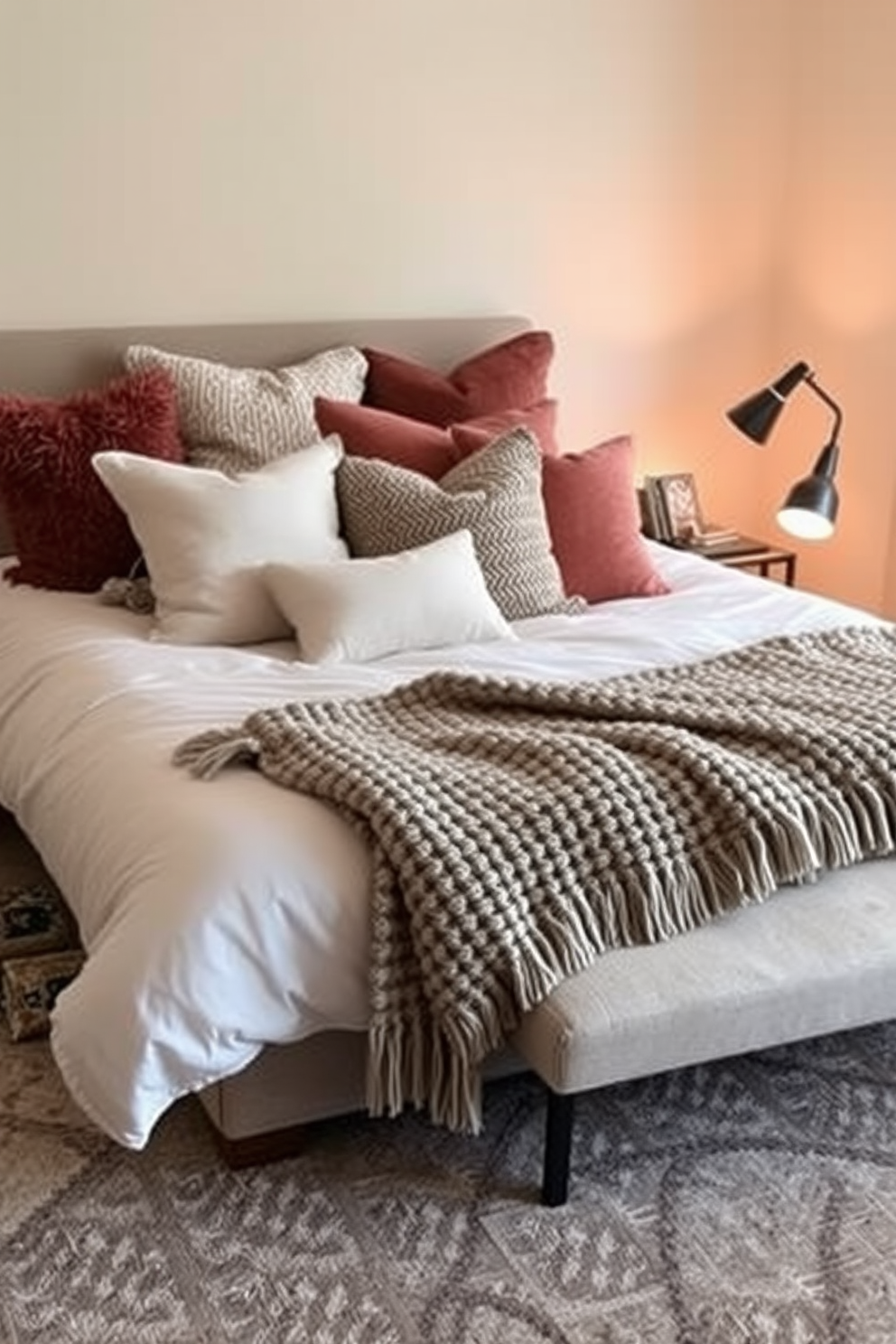 A cozy bedroom setting featuring a plush bed adorned with an array of decorative pillows in soft textures and warm colors. The walls are painted in a soothing pastel hue, and a chunky knit throw is draped over the foot of the bed for added warmth. A stylish bedside table holds a modern lamp with a soft glow, creating an inviting atmosphere. A large area rug with a subtle pattern anchors the space, adding comfort underfoot and enhancing the overall cozy feel of the room.