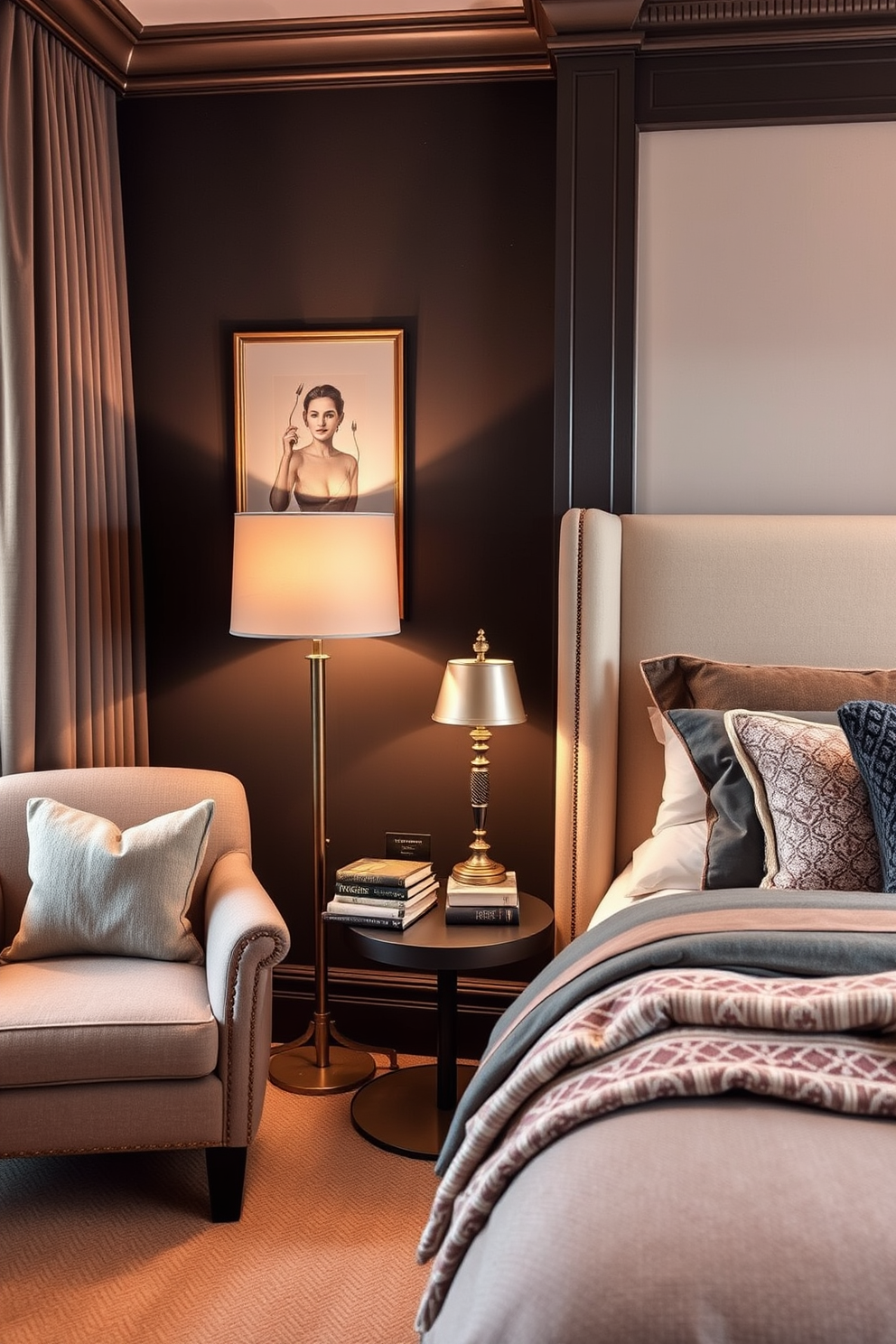 A cozy bedroom featuring an array of decorative pillows in various textures and colors arranged artfully on a plush bed. The walls are painted in a soft pastel hue, and a warm, inviting throw blanket is draped casually over the foot of the bed.