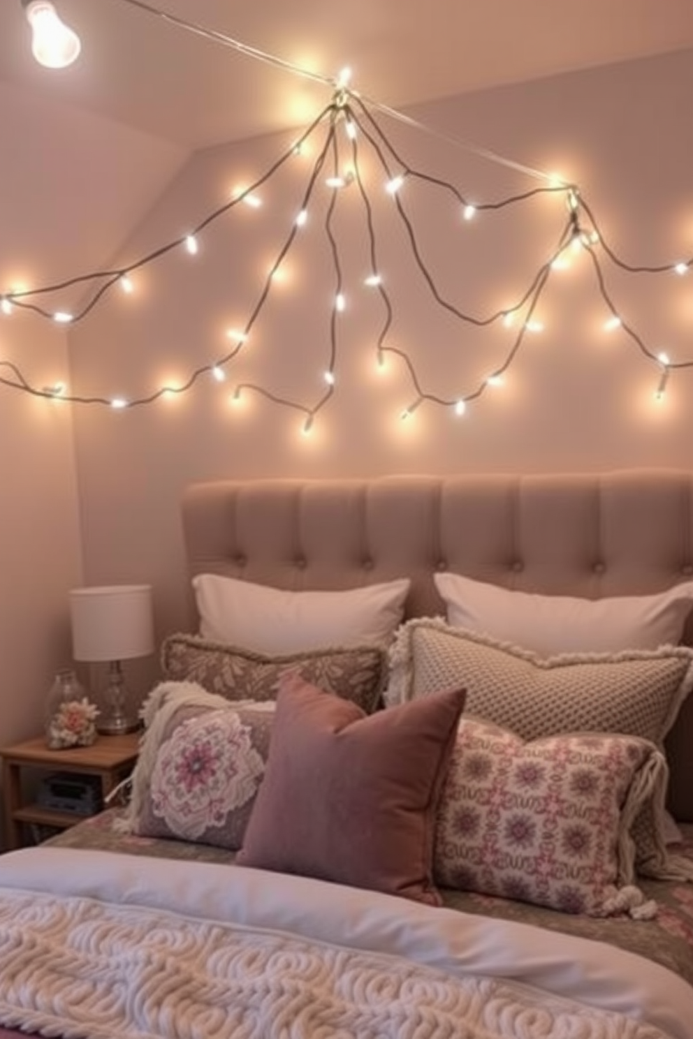 A cozy bedroom with soft ambient lighting created by hanging fairy lights across the ceiling. The bed is dressed in plush bedding with a mix of neutral and pastel colors, complemented by a collection of decorative pillows.