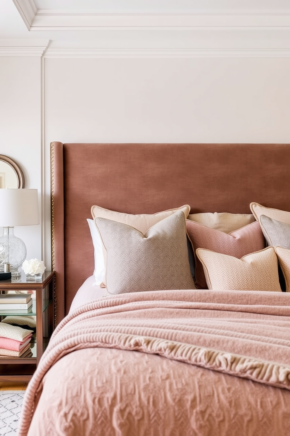 A cozy bedroom design featuring natural materials like wood and rattan. The bed is made of reclaimed wood with a soft organic cotton duvet and rattan headboard. Warm lighting creates a welcoming atmosphere with bedside lamps made of woven rattan. A plush area rug in earthy tones lies beneath the bed, complementing the wooden floor.