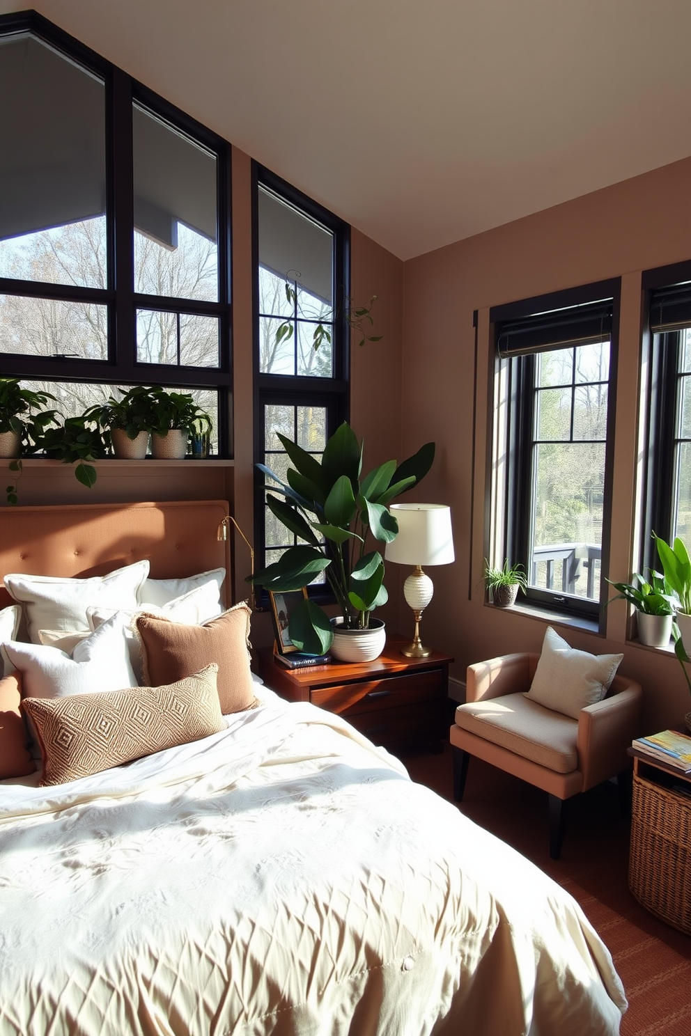 A cozy bedroom design featuring a plush king-size bed adorned with soft linens and an assortment of decorative pillows. Large windows allow natural light to fill the space, complemented by indoor plants placed strategically around the room. A warm color palette of earthy tones creates a serene atmosphere, with a wooden nightstand holding a stylish lamp. A comfortable reading nook with a cozy armchair and a small bookshelf adds to the inviting ambiance.