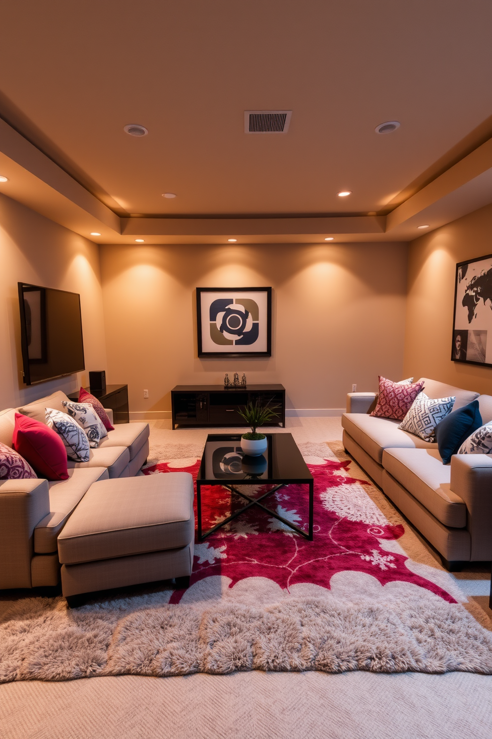 A cozy game room with warm ambient lighting creates a relaxing atmosphere. The walls are painted in a soft beige, and plush seating options invite comfort and relaxation. A large sectional sofa, adorned with colorful throw pillows, faces a sleek entertainment unit. A stylish coffee table sits in the center, surrounded by soft area rugs that add warmth to the space.