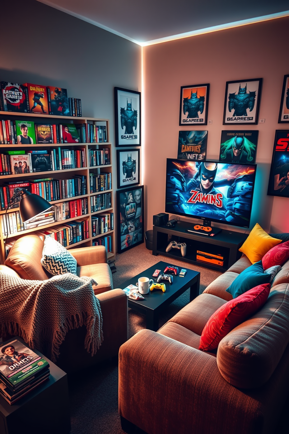 Cozy reading nook with gaming books. A plush armchair is nestled in the corner, surrounded by shelves filled with colorful gaming books and memorabilia. Soft lighting from a nearby floor lamp creates a warm ambiance, while a thick knit blanket drapes over the armchair. A small side table holds a steaming mug of coffee and a stack of game controllers, inviting relaxation and enjoyment. Cozy game room design ideas. The room features a sectional sofa adorned with vibrant cushions, positioned in front of a large screen for gaming sessions. Walls are decorated with framed posters of popular games, and ambient LED lights add a dynamic touch. A coffee table in the center is cluttered with snacks and game accessories, creating an inviting atmosphere for friends to gather and play.