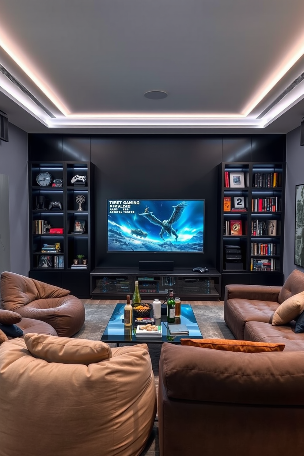 A large screen TV is mounted on a sleek black feature wall, surrounded by built-in shelves displaying gaming memorabilia and books. The room is furnished with a plush sectional sofa and oversized bean bags, creating a comfortable and inviting atmosphere for gaming sessions. Soft ambient lighting is installed along the perimeter of the ceiling, enhancing the immersive experience while keeping the space cozy. A stylish coffee table sits in the center, adorned with snacks and drinks, perfect for entertaining friends during game nights.