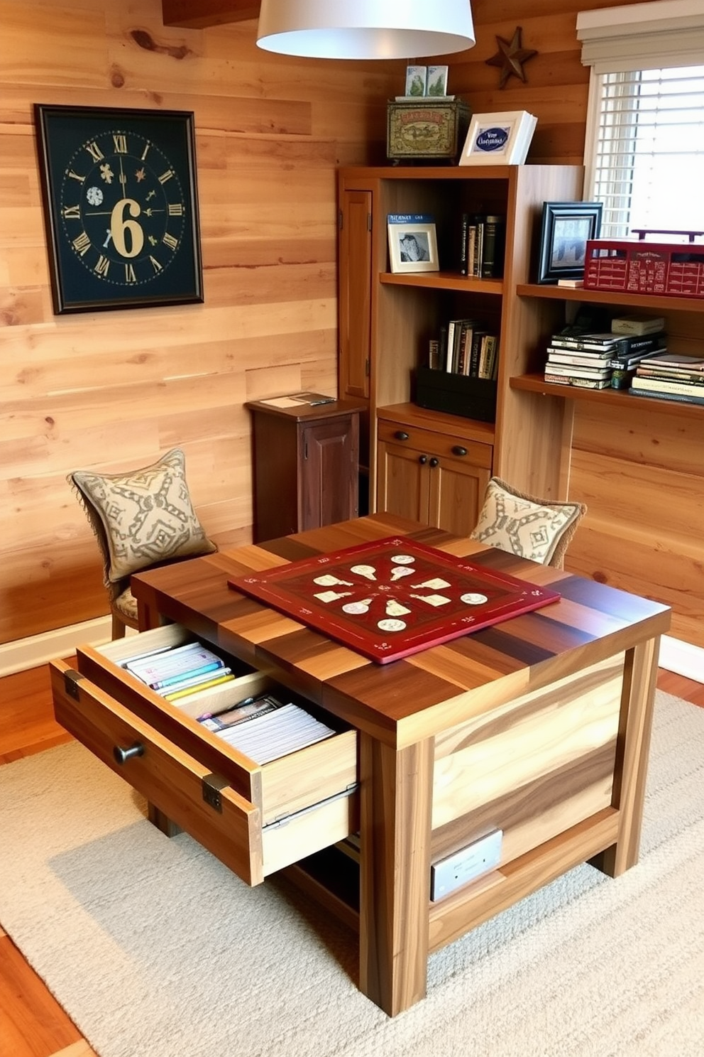 A cozy game room featuring a multi-purpose table designed for board games. The table is crafted from reclaimed wood and has built-in storage for game pieces and cards.