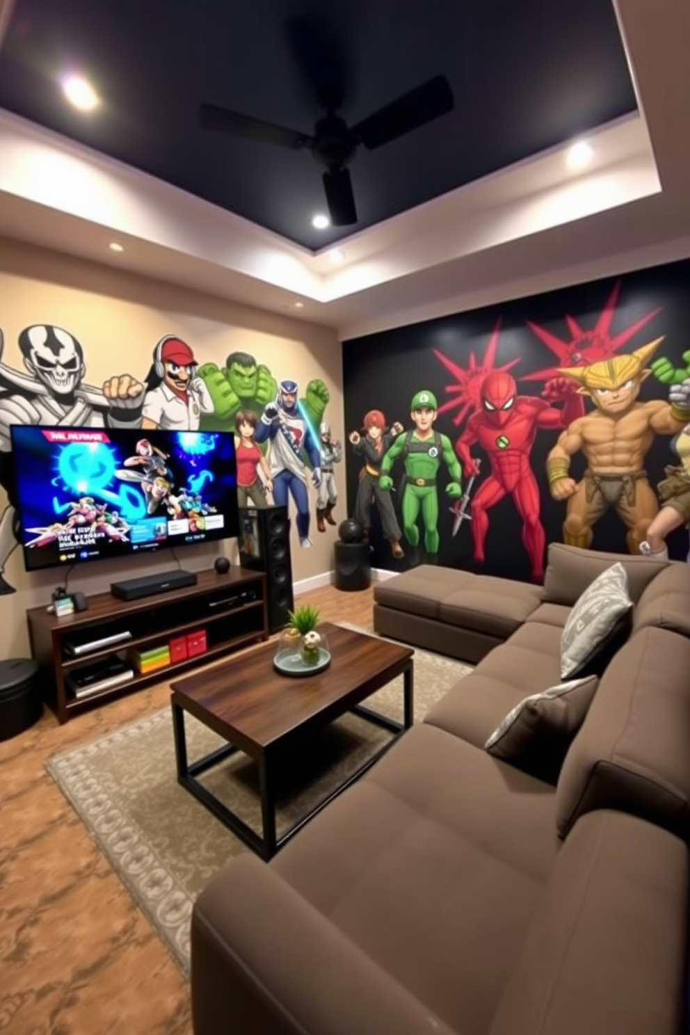 A cozy game room designed for optimal soundproofing features plush seating arranged around a central coffee table. The walls are lined with acoustic panels in rich colors, and a large rug covers the hardwood floor to absorb sound. In one corner, a dedicated gaming setup includes a high-end gaming chair and a sleek desk with multiple monitors. Ambient lighting creates a relaxing atmosphere, while shelves filled with games and collectibles add a personal touch.