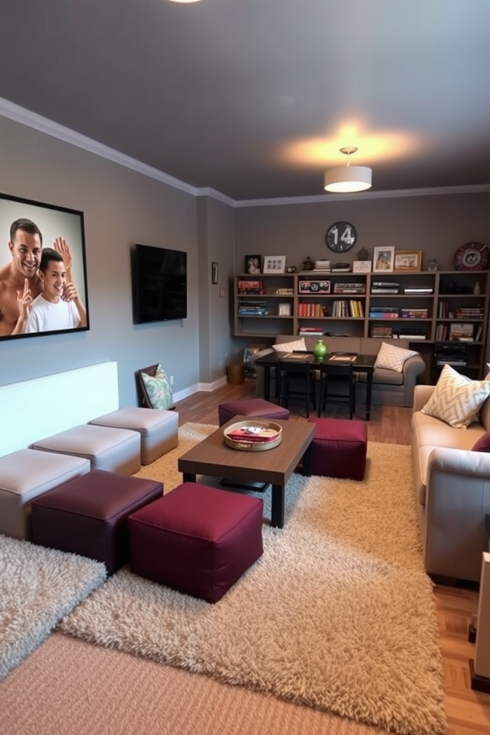 A cozy game room featuring padded ottomans arranged around a low coffee table. The walls are painted in a warm gray tone, and soft ambient lighting creates an inviting atmosphere. A plush area rug adds texture to the space, while a large sectional sofa provides ample seating for friends and family. Shelves filled with board games and books line one wall, enhancing the room's playful charm.