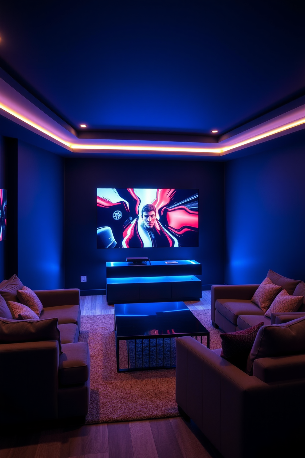 A cozy game room with mood lighting created by smart LED strips that cast a warm glow throughout the space. The walls are painted in a deep navy blue, and plush seating is arranged around a sleek coffee table, inviting relaxation and fun.