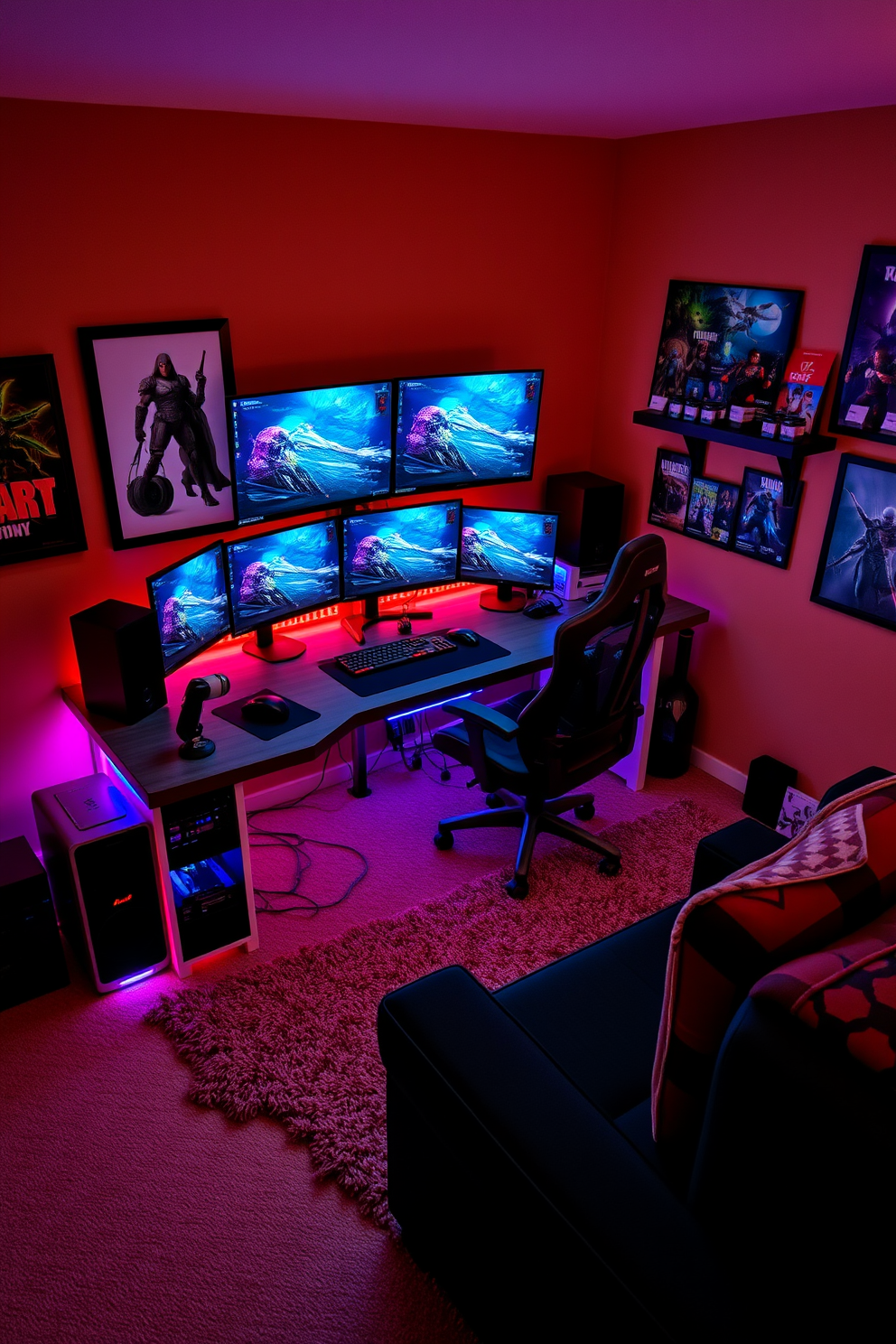 A personalized gaming setup featuring a custom-built desk designed for optimal comfort and functionality. The desk is equipped with multiple monitors, RGB lighting, and ergonomic accessories to enhance the gaming experience. The cozy game room is adorned with plush seating, ambient lighting, and soundproofing elements. Walls are decorated with gaming posters and shelves displaying collectibles, creating an inviting atmosphere for relaxation and play.