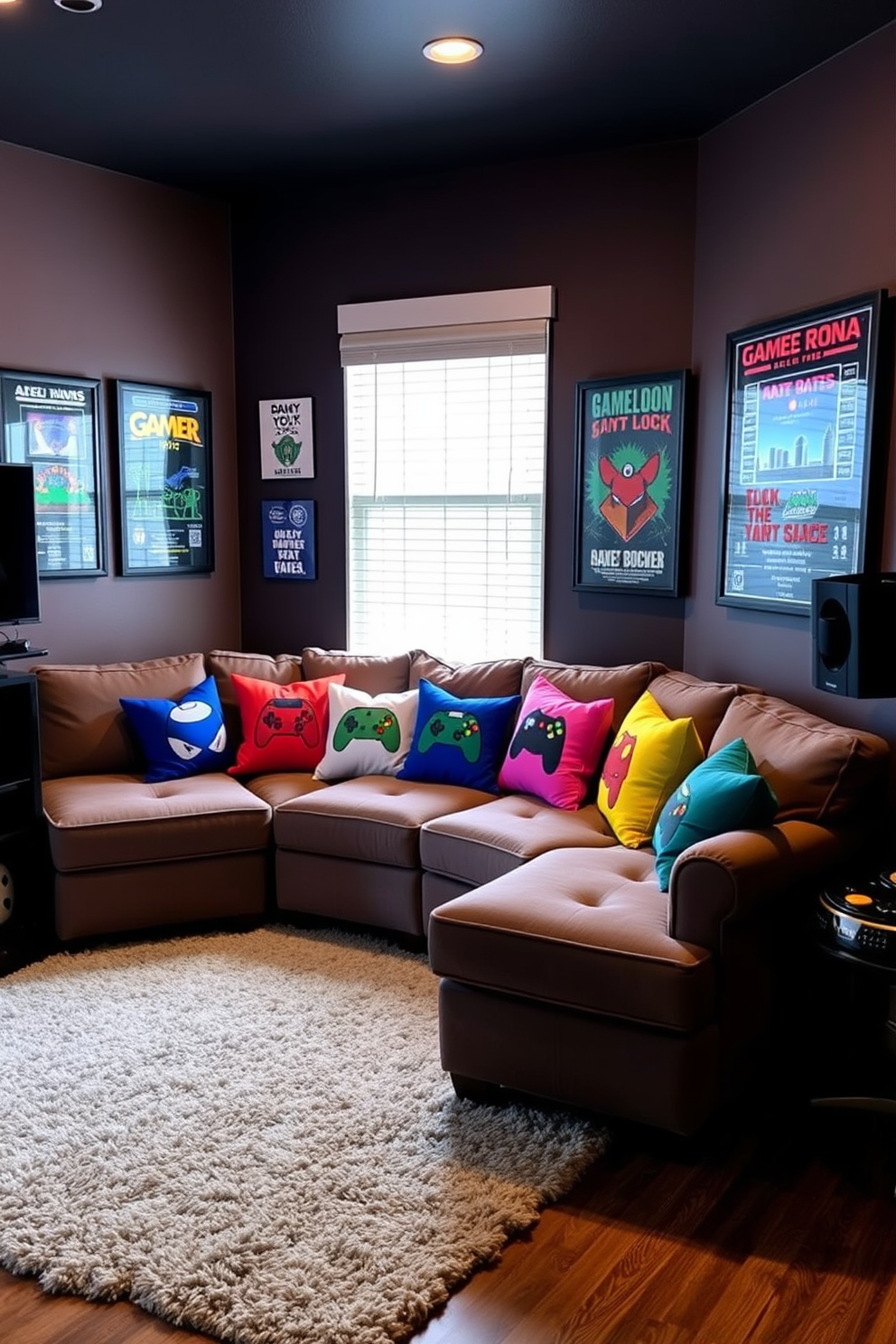 Cozy game room featuring a plush sectional sofa adorned with game-themed throw pillows in vibrant colors. The walls are decorated with framed posters of classic video games, and a soft area rug anchors the seating arrangement.