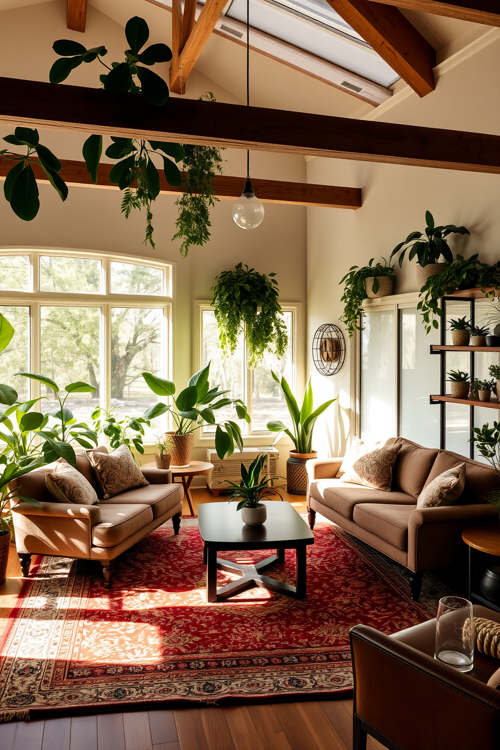 A cozy game room filled with natural light. Plush seating is arranged around a central coffee table, with a large area rug anchoring the space. Indoor plants are strategically placed in corners and on shelves to create a fresh atmosphere. A mix of tall leafy plants and small succulents adds vibrant greenery and enhances the inviting ambiance.