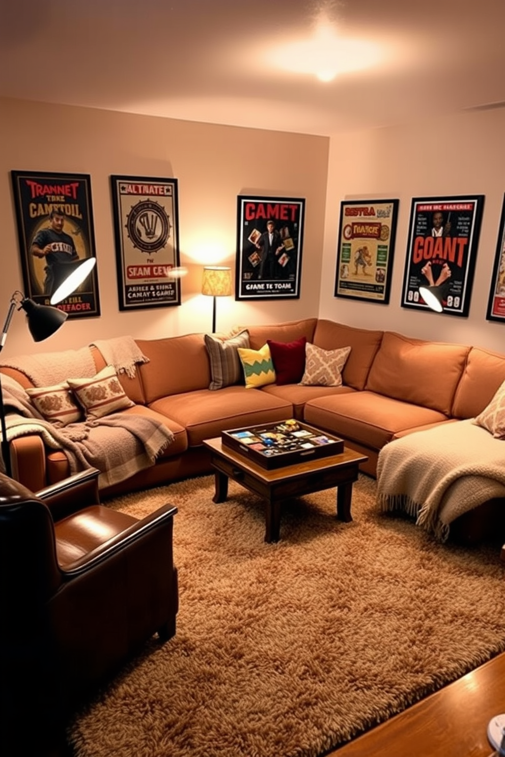 Create a cozy game room designed for chilly game nights. The space features a large sectional sofa covered in soft blankets, with a rustic coffee table in the center surrounded by board games and snacks. Warm lighting from stylish floor lamps creates an inviting atmosphere. The walls are adorned with framed posters of classic games, and a plush area rug adds comfort underfoot.