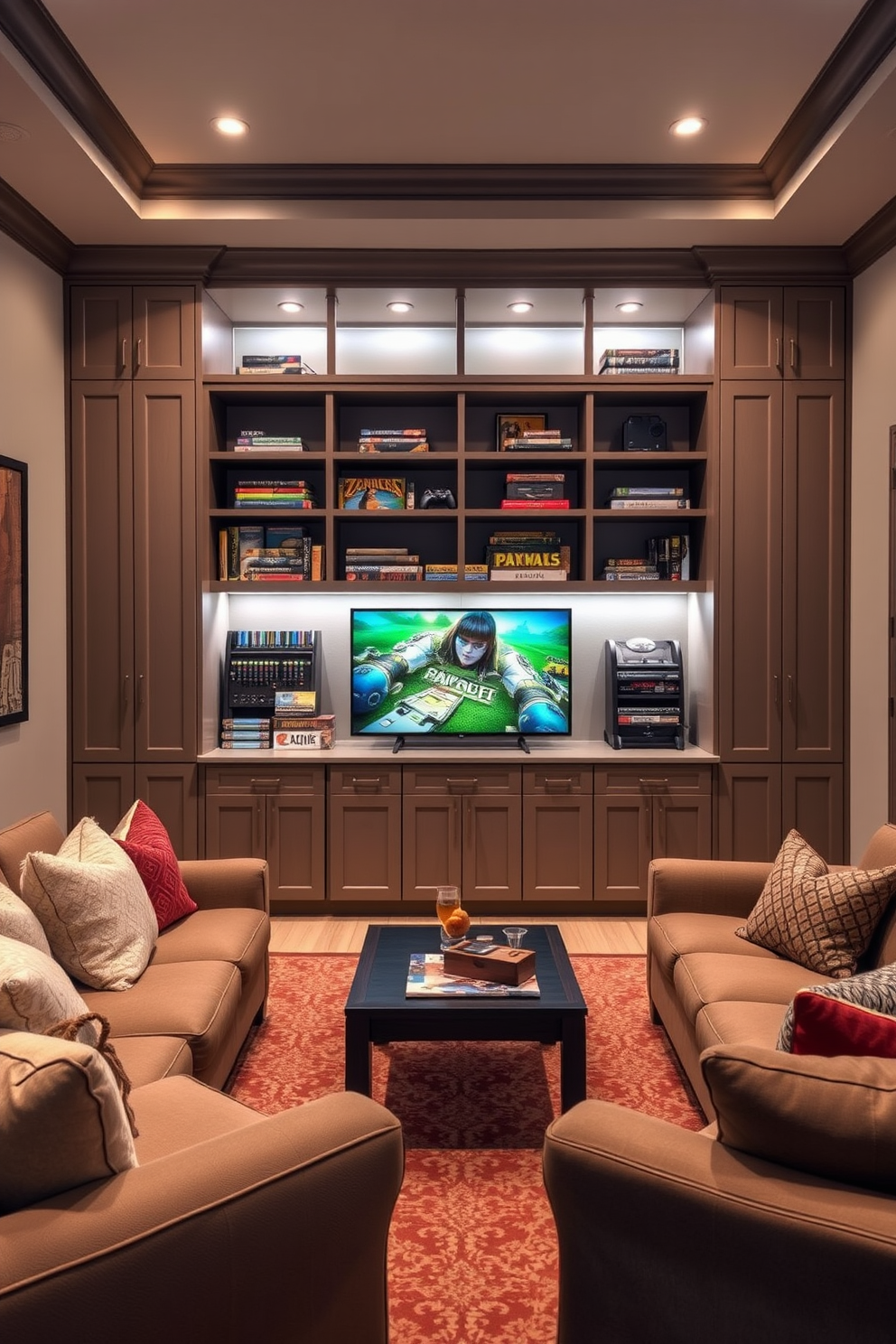 A faux fireplace is the centerpiece of a cozy game room, surrounded by comfortable seating arrangements. Rich textures and warm lighting create an inviting atmosphere perfect for relaxation and entertainment.