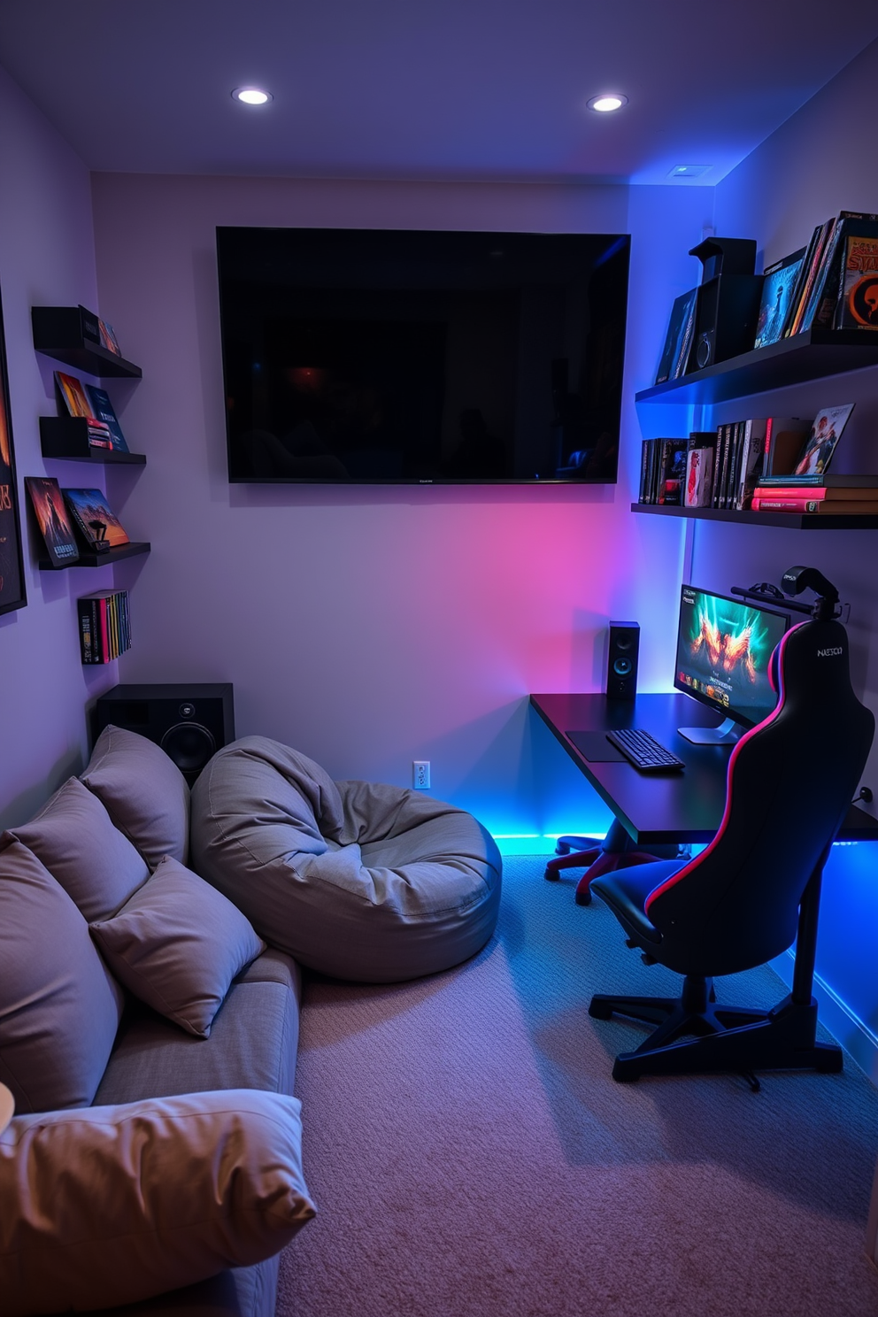 A relaxing gaming corner with soft cushions invites comfort and creativity. The space features a plush bean bag chair and a sleek gaming desk, adorned with ambient LED lighting. Surrounding the area are shelves filled with games and collectibles, creating a personalized touch. A large wall-mounted screen provides the perfect backdrop for immersive gaming experiences.