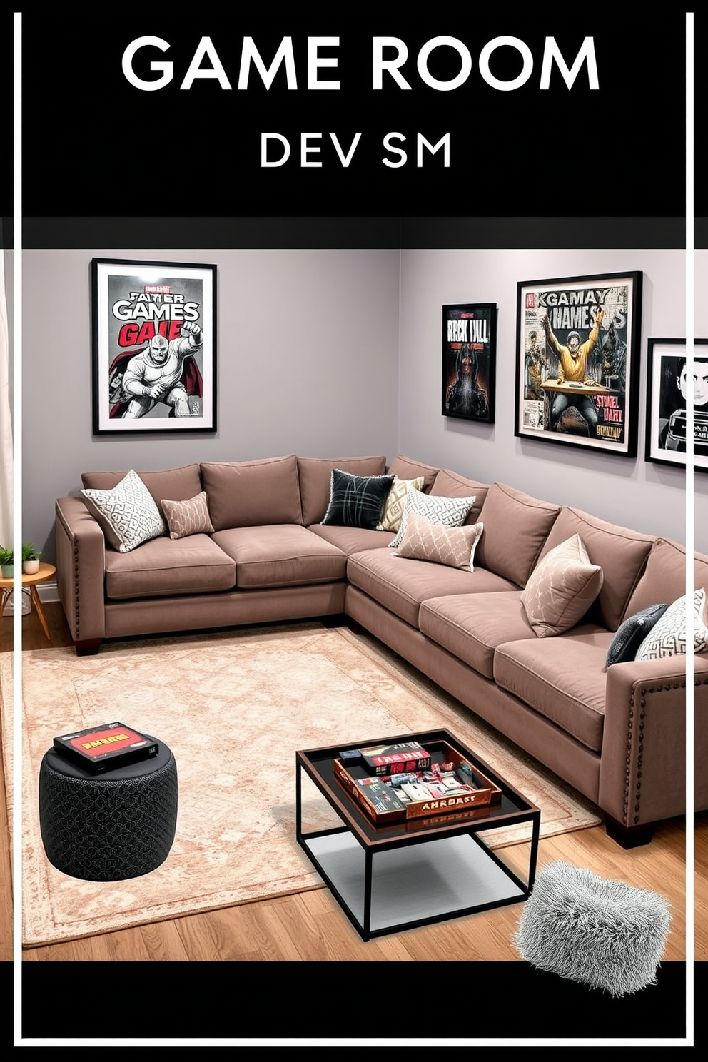 A cozy game room design featuring a large sectional sofa with plush cushions and a statement coffee table in the center. The walls are adorned with framed artwork and shelves filled with board games, creating a playful yet inviting atmosphere. Smart home integration for convenience includes a sleek entertainment system with voice-activated controls and smart lighting that adjusts to different gaming moods. The room is equipped with charging stations and built-in speakers for an immersive gaming experience.