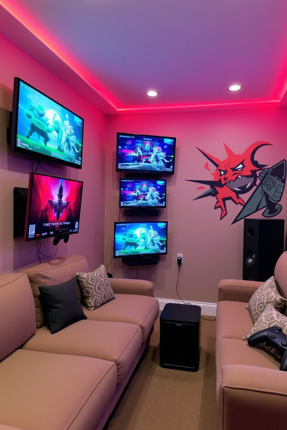 A cozy game room featuring wall-mounted gaming consoles to maximize space. The room is adorned with comfortable seating, ambient lighting, and vibrant wall art that reflects the gaming culture.