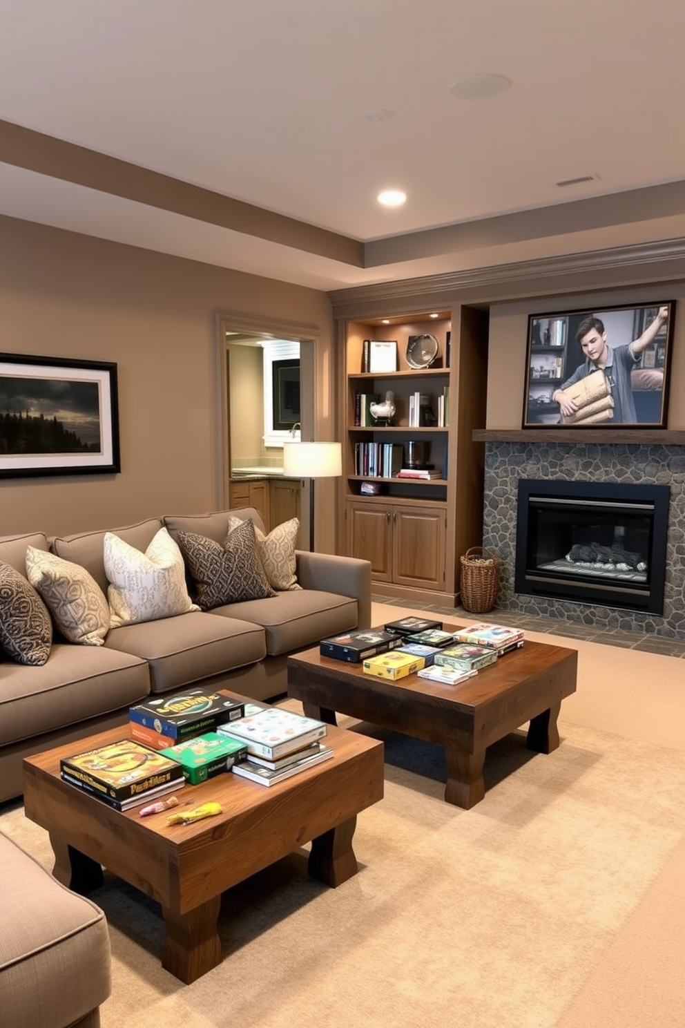 A cozy game room featuring a large sectional sofa adorned with plush throw pillows. In front of the sofa, a rustic wooden coffee table holds a selection of board games and snacks. To the side, a sleek fireplace provides warmth and ambiance, surrounded by built-in shelves filled with books and decorative items. The walls are painted in a warm taupe, and the flooring is a soft, neutral carpet to enhance comfort.