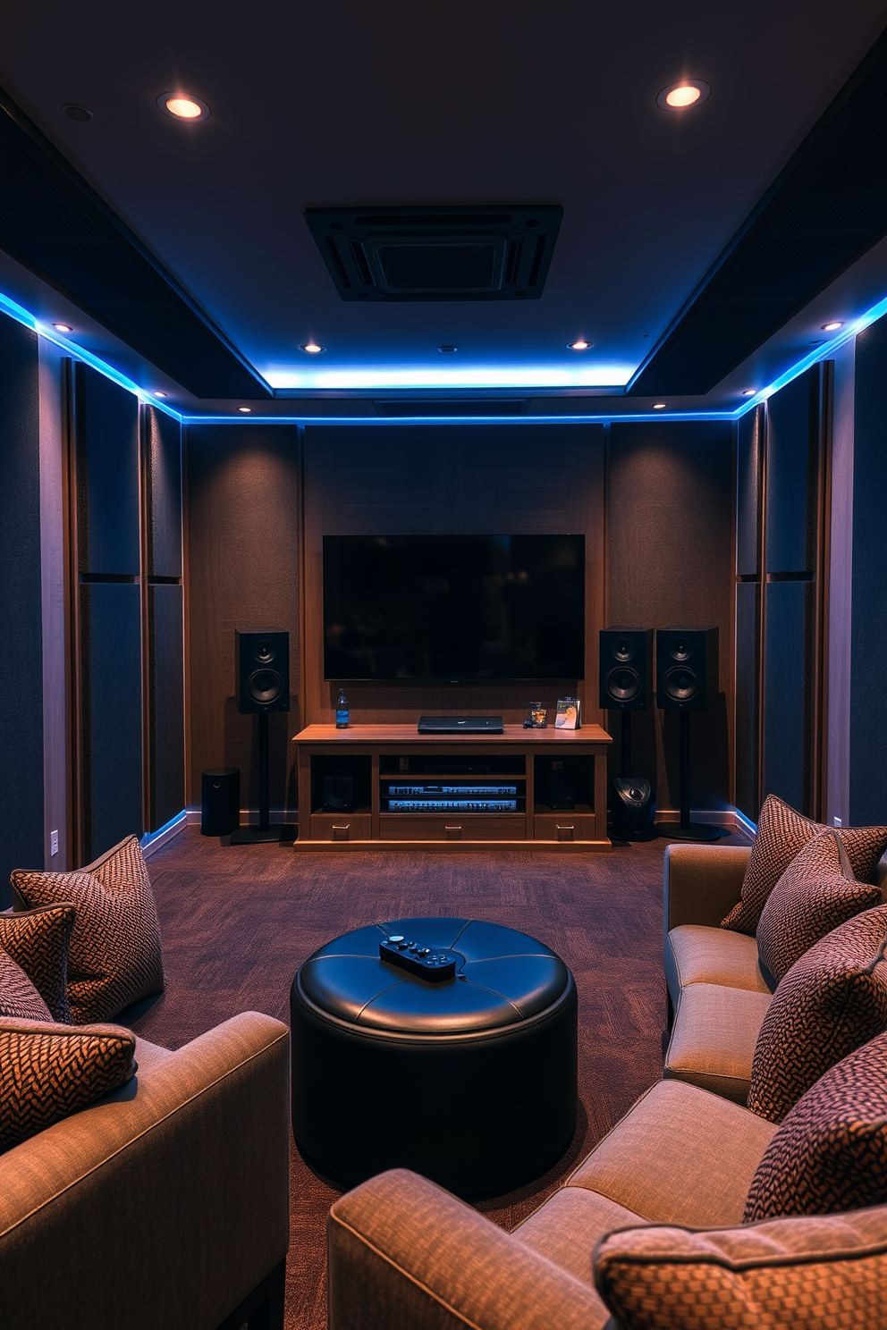 A cozy game room featuring a state-of-the-art sound system that envelops the space in rich audio. Plush seating arrangements are complemented by soft lighting, creating an inviting atmosphere for gaming and relaxation.